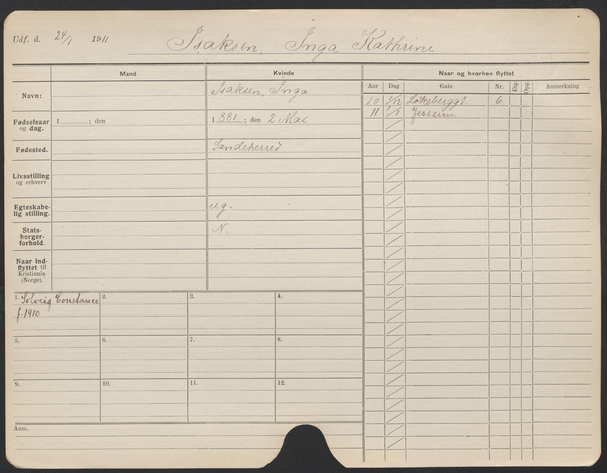 Oslo folkeregister, Registerkort, SAO/A-11715/F/Fa/Fac/L0017: Kvinner, 1906-1914, p. 51a