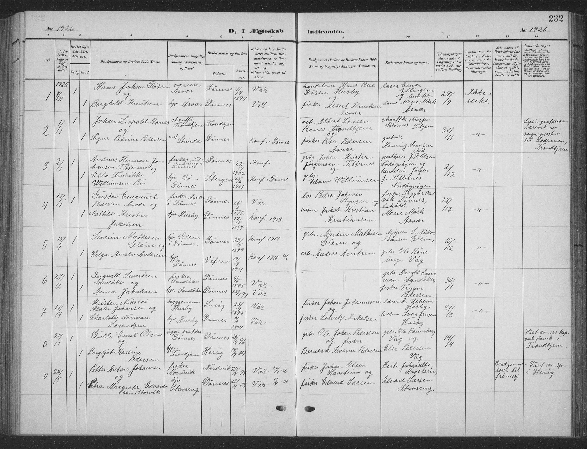 Ministerialprotokoller, klokkerbøker og fødselsregistre - Nordland, SAT/A-1459/835/L0533: Parish register (copy) no. 835C05, 1906-1939, p. 232