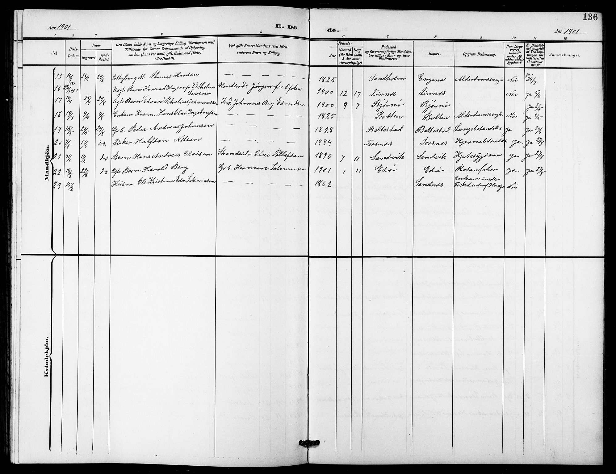 Lenvik sokneprestembete, AV/SATØ-S-1310/H/Ha/Hab/L0022klokker: Parish register (copy) no. 22, 1901-1918, p. 136