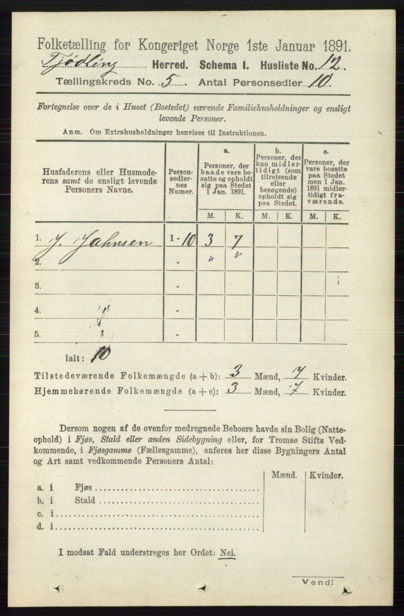 RA, 1891 census for 0725 Tjølling, 1891, p. 1847