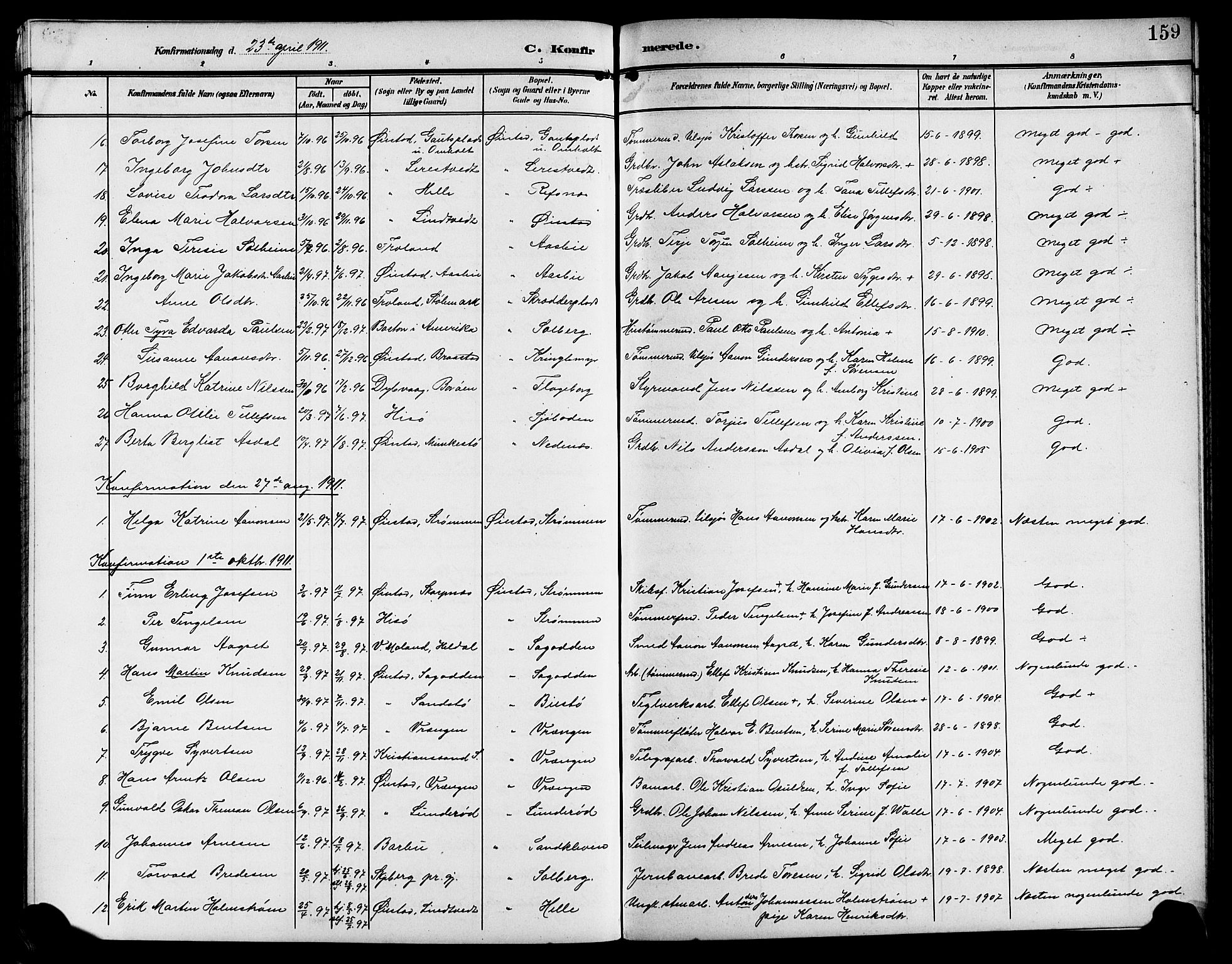 Øyestad sokneprestkontor, SAK/1111-0049/F/Fb/L0011: Parish register (copy) no. B 11, 1906-1918, p. 159