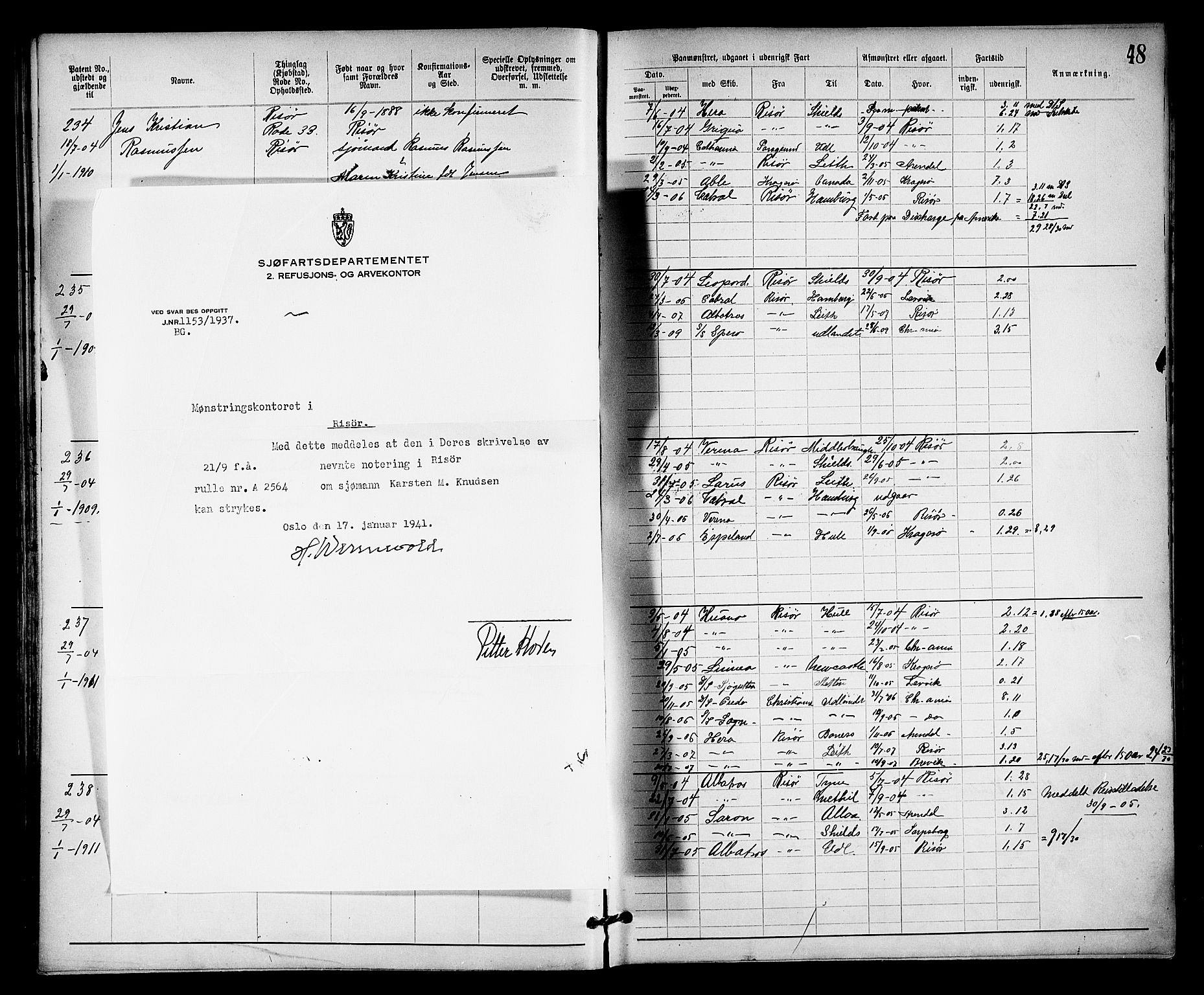 Risør mønstringskrets, SAK/2031-0010/F/Fa/L0004: Annotasjonsrulle nr 1914-1915 og nr 1-477, T-8, 1899-1911, p. 52