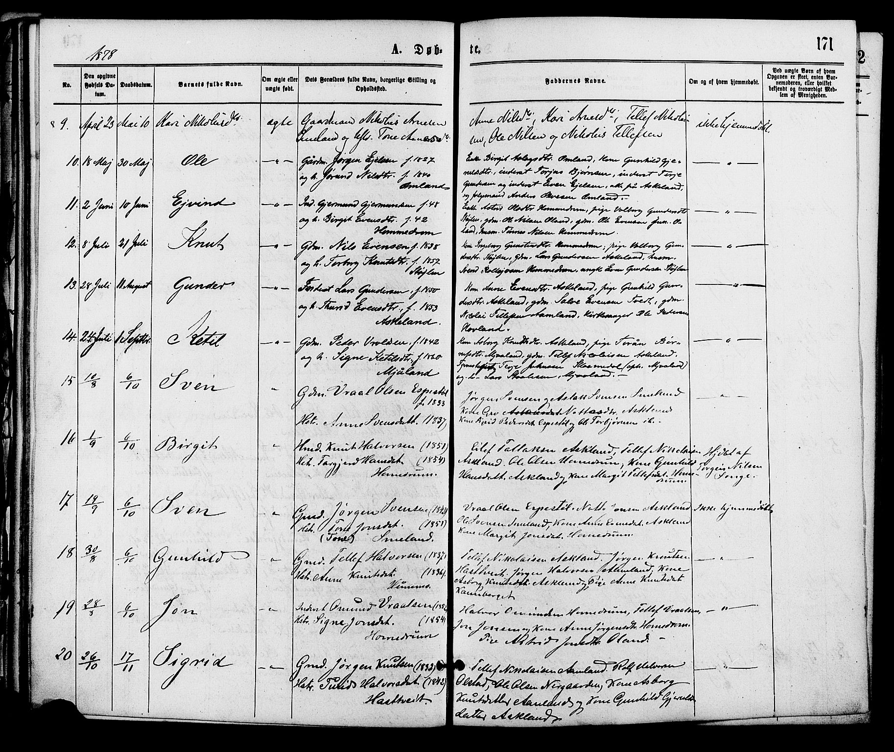 Åmli sokneprestkontor, SAK/1111-0050/F/Fa/Fac/L0009: Parish register (official) no. A 9 /2, 1869-1884, p. 171