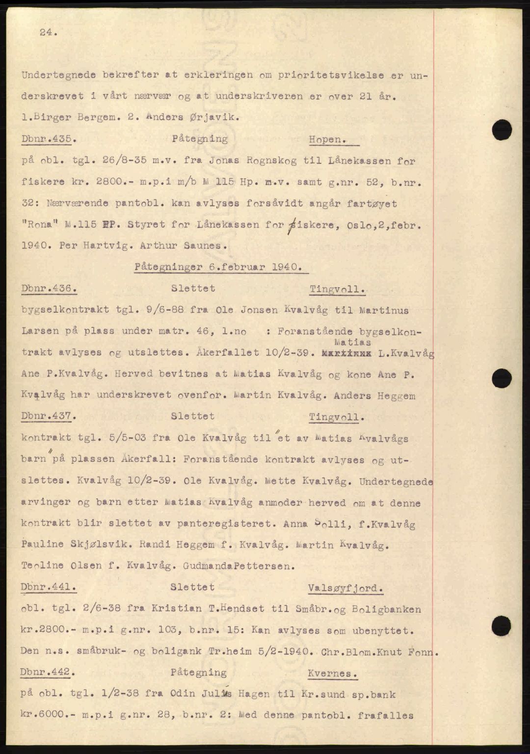 Nordmøre sorenskriveri, AV/SAT-A-4132/1/2/2Ca: Mortgage book no. C81, 1940-1945, Diary no: : 435/1940