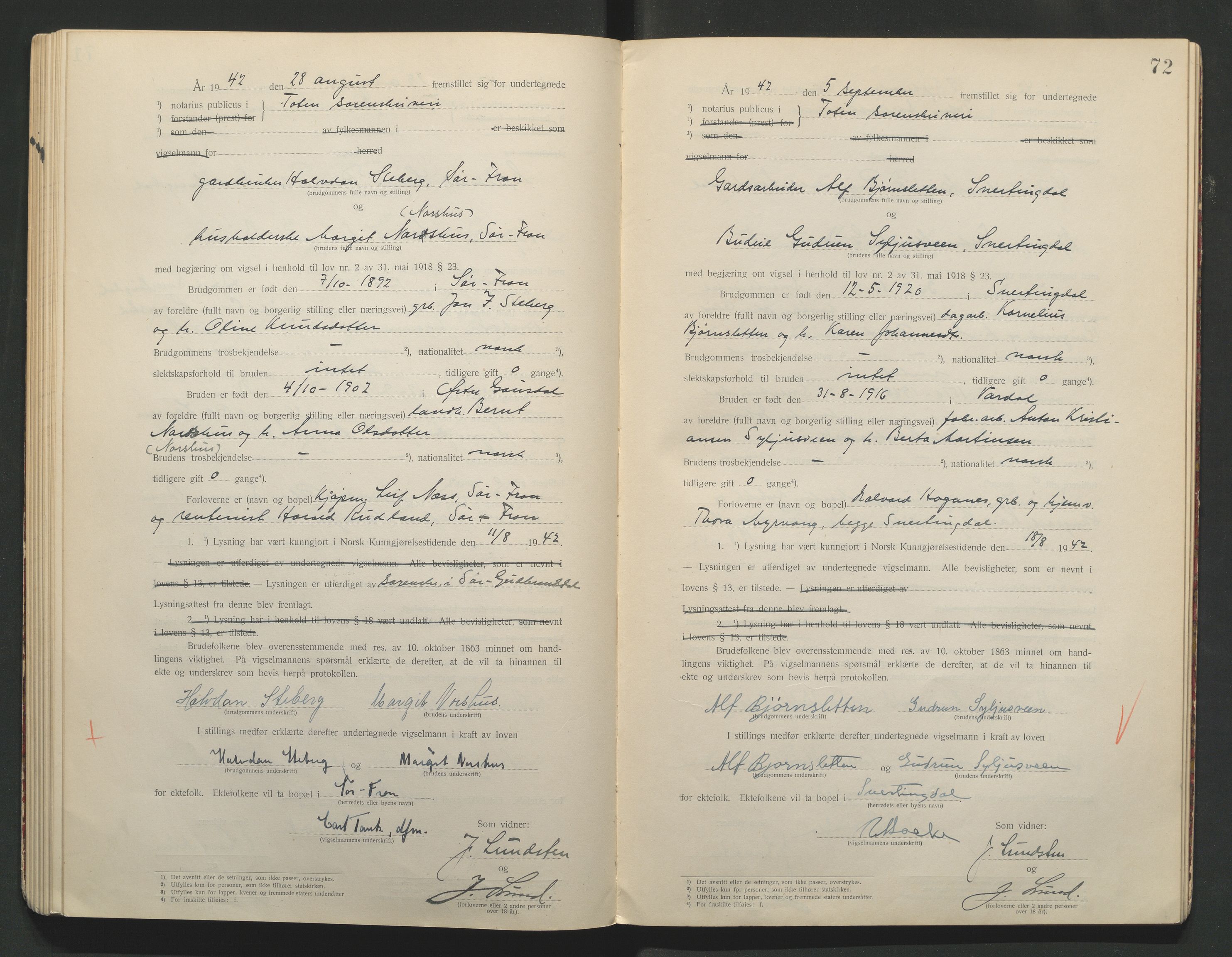 Toten tingrett, AV/SAH-TING-006/L/Lc/L0001: Vigselbok, 1920-1942, p. 72