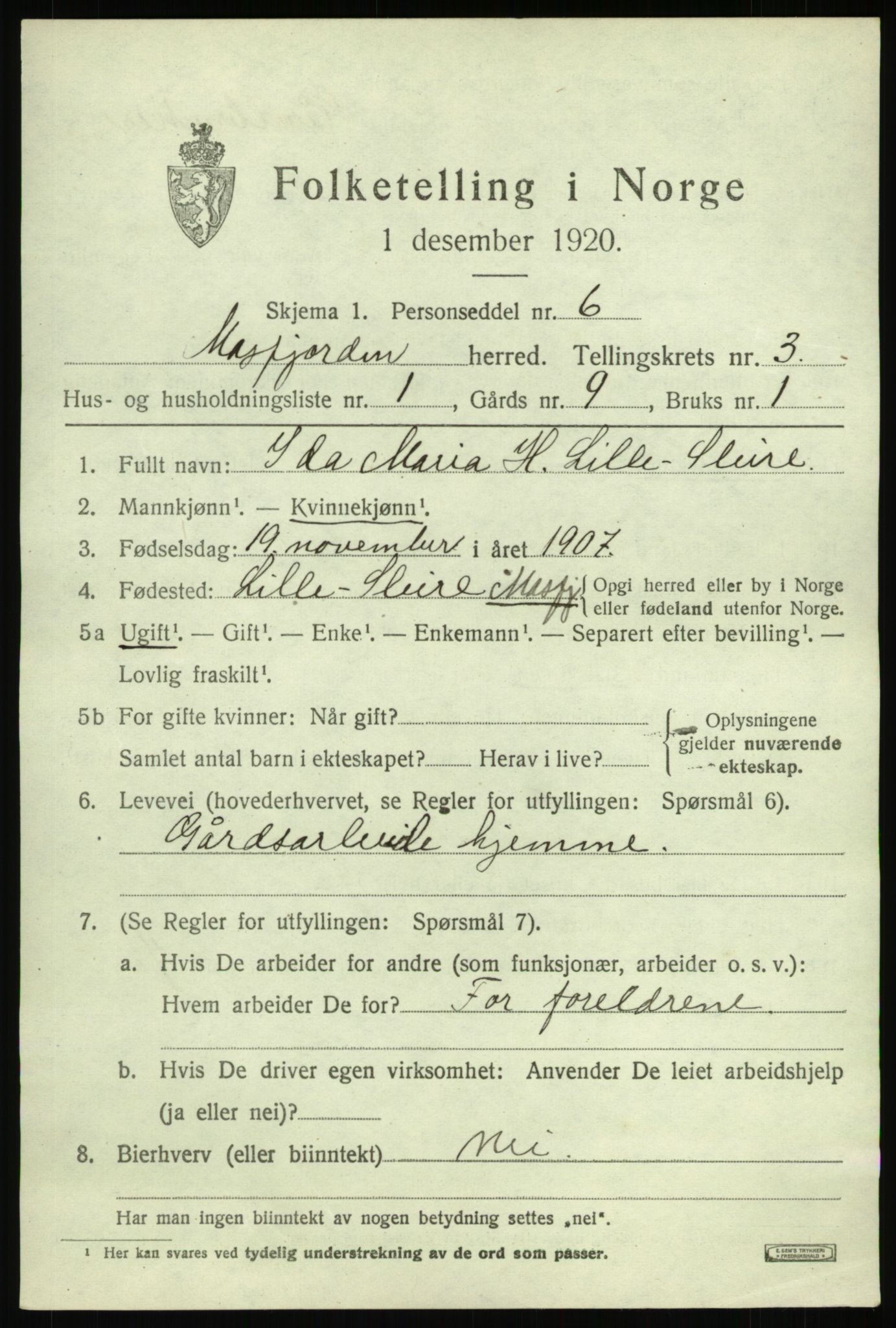 SAB, 1920 census for Masfjorden, 1920, p. 1395