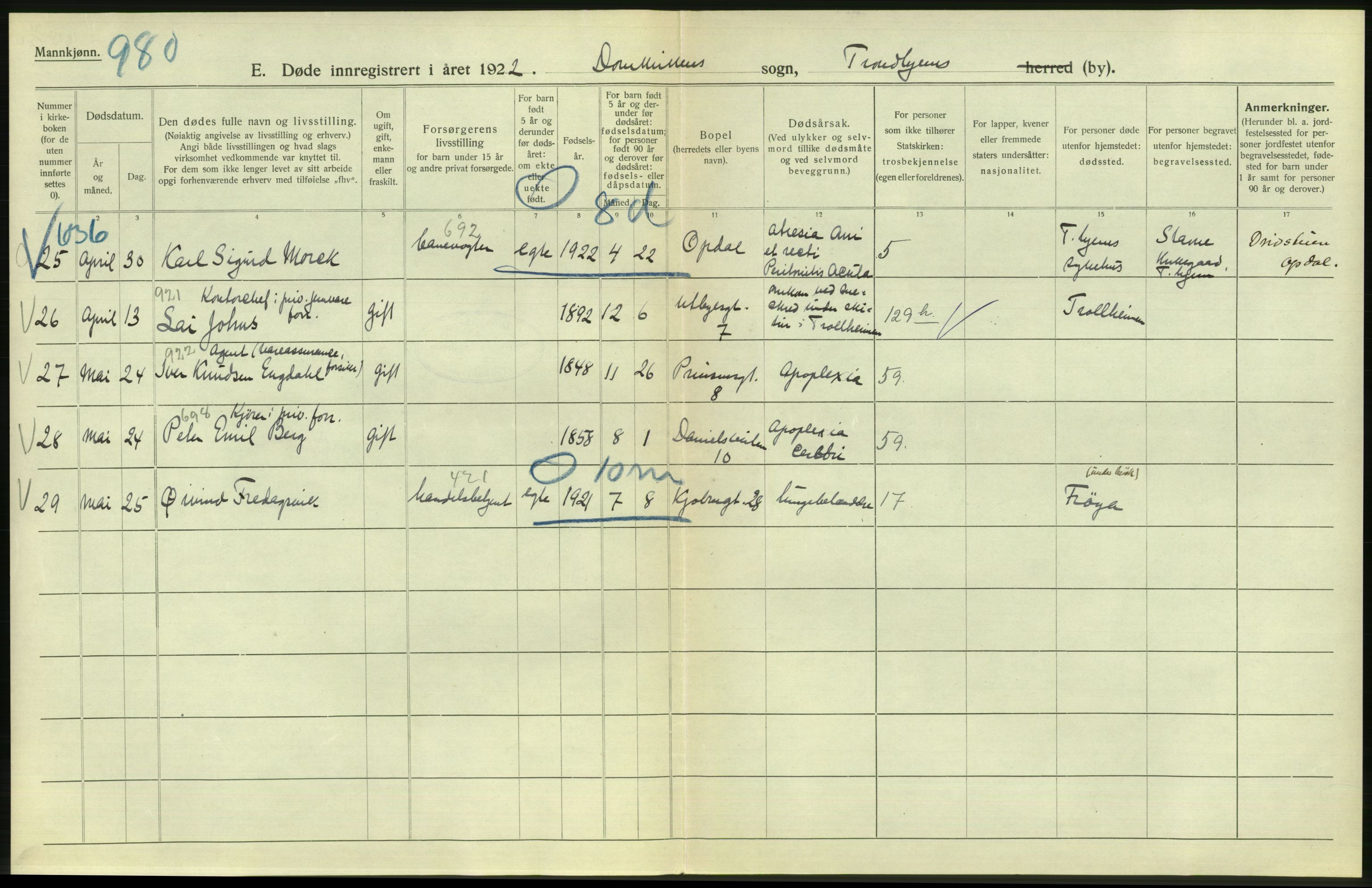 Statistisk sentralbyrå, Sosiodemografiske emner, Befolkning, AV/RA-S-2228/D/Df/Dfc/Dfcb/L0040: Trondheim: Gifte, døde, dødfødte., 1922, p. 354