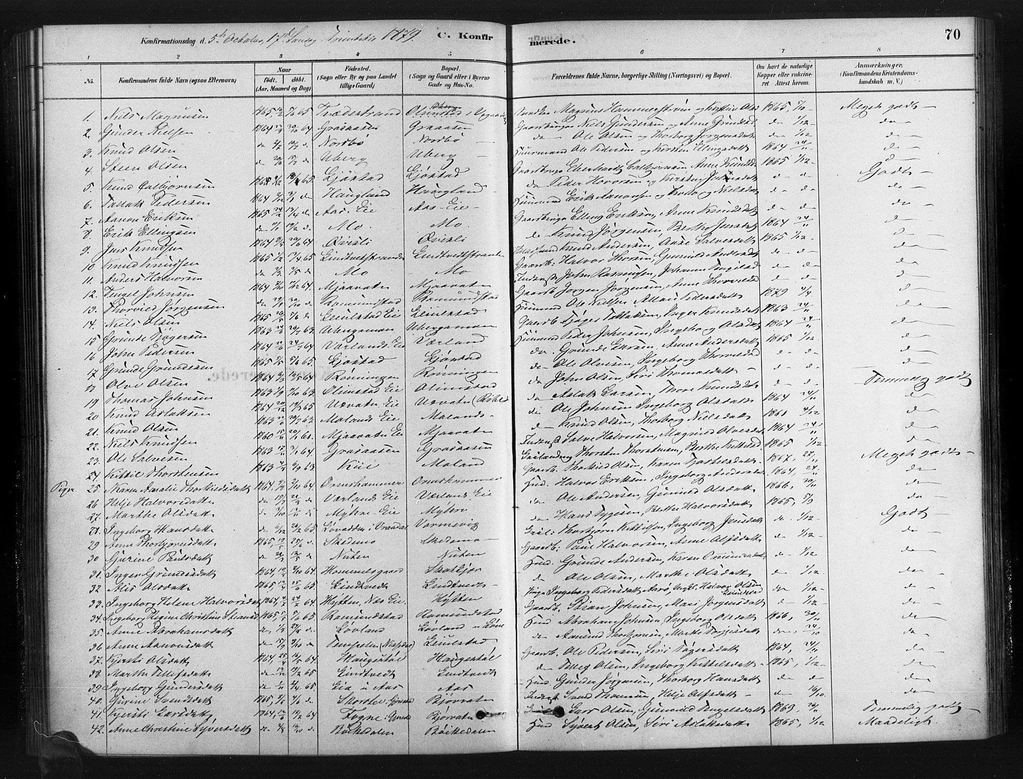 Gjerstad sokneprestkontor, AV/SAK-1111-0014/F/Fa/Fab/L0004: Parish register (official) no. A 4, 1879-1890, p. 70