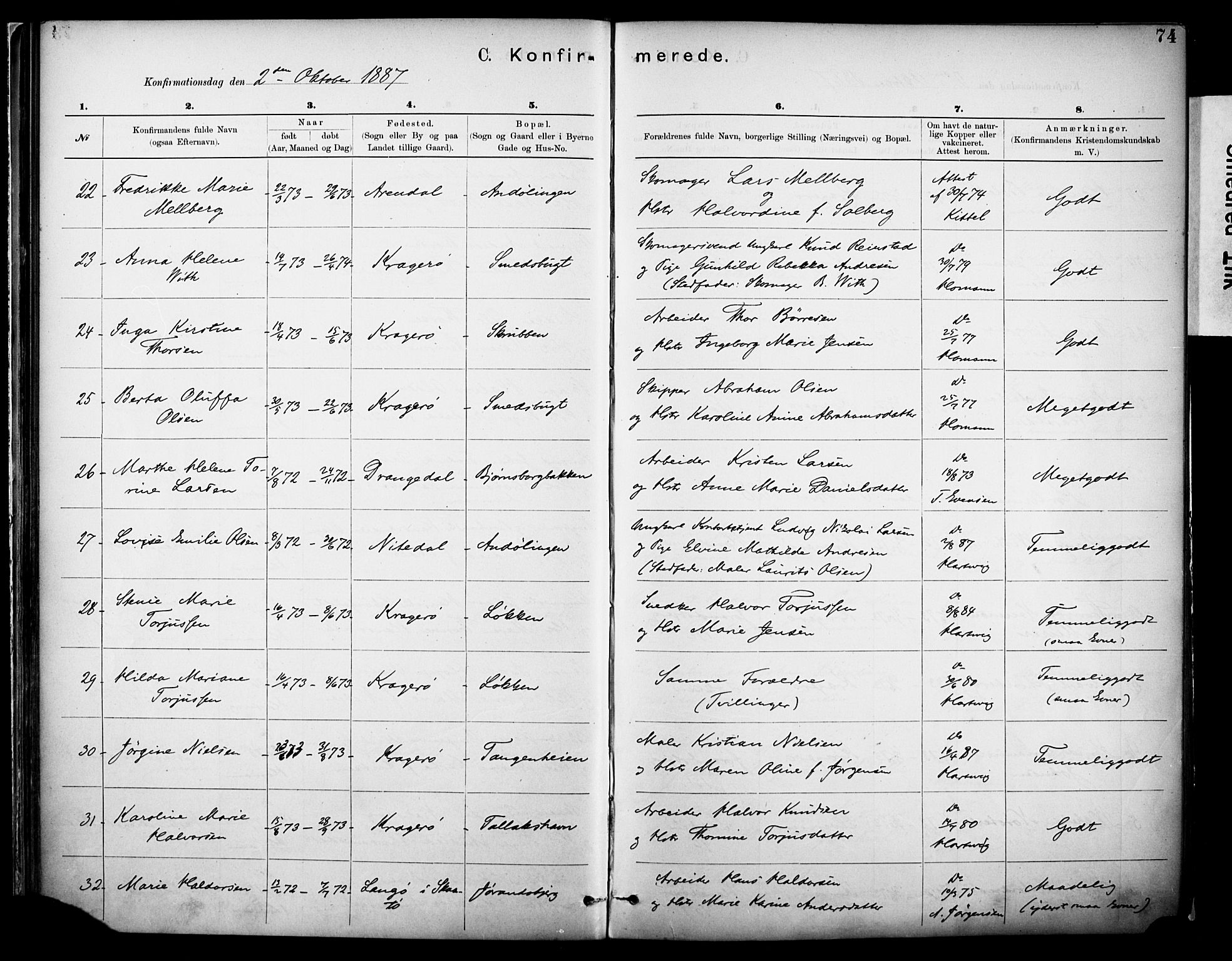 Kragerø kirkebøker, SAKO/A-278/F/Fa/L0012: Parish register (official) no. 12, 1880-1904, p. 74