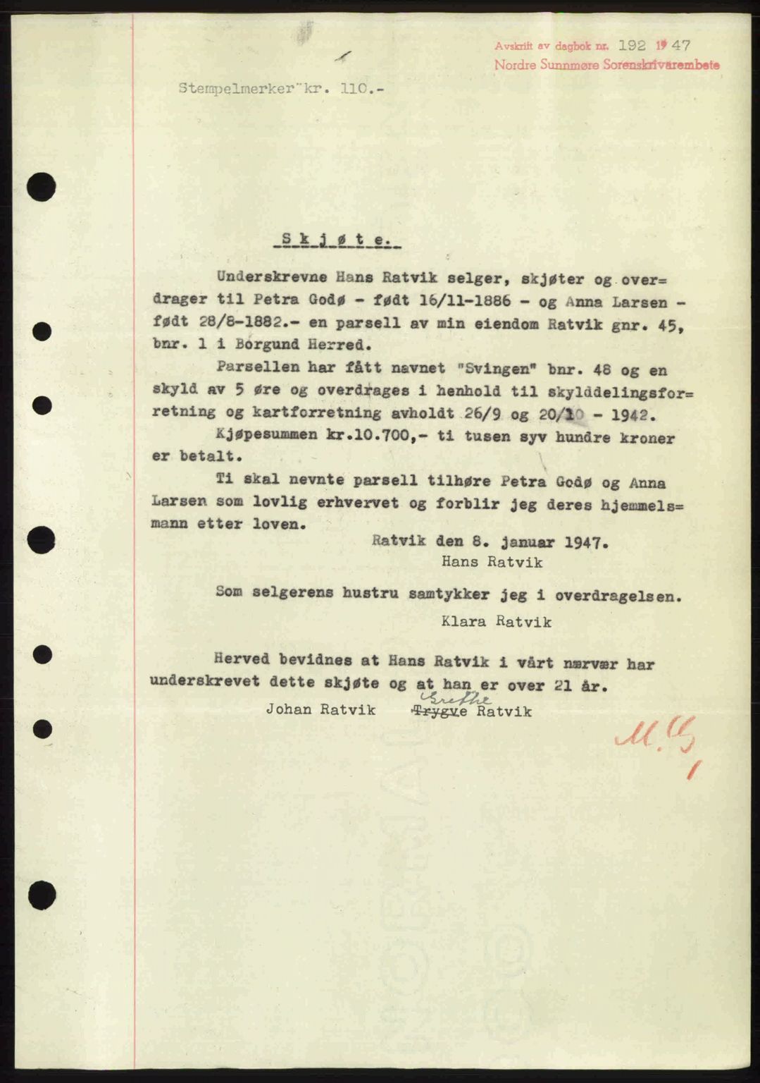 Nordre Sunnmøre sorenskriveri, AV/SAT-A-0006/1/2/2C/2Ca: Mortgage book no. A23, 1946-1947, Diary no: : 192/1947