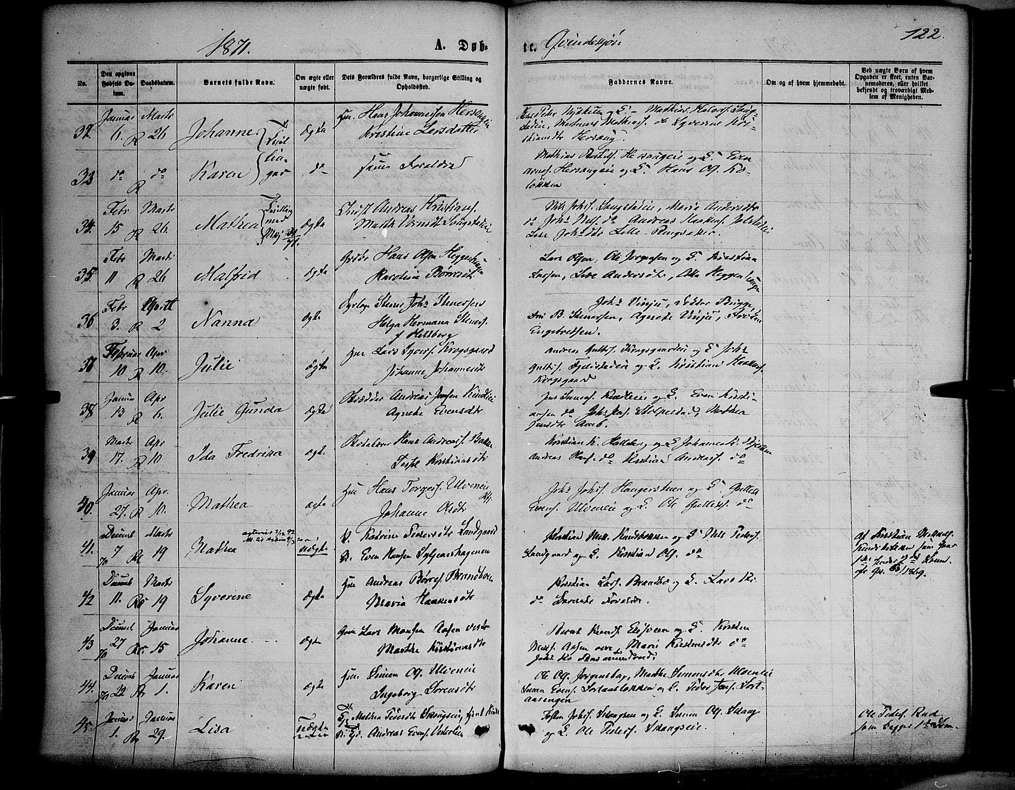 Ringsaker prestekontor, AV/SAH-PREST-014/K/Ka/L0011: Parish register (official) no. 11, 1870-1878, p. 122