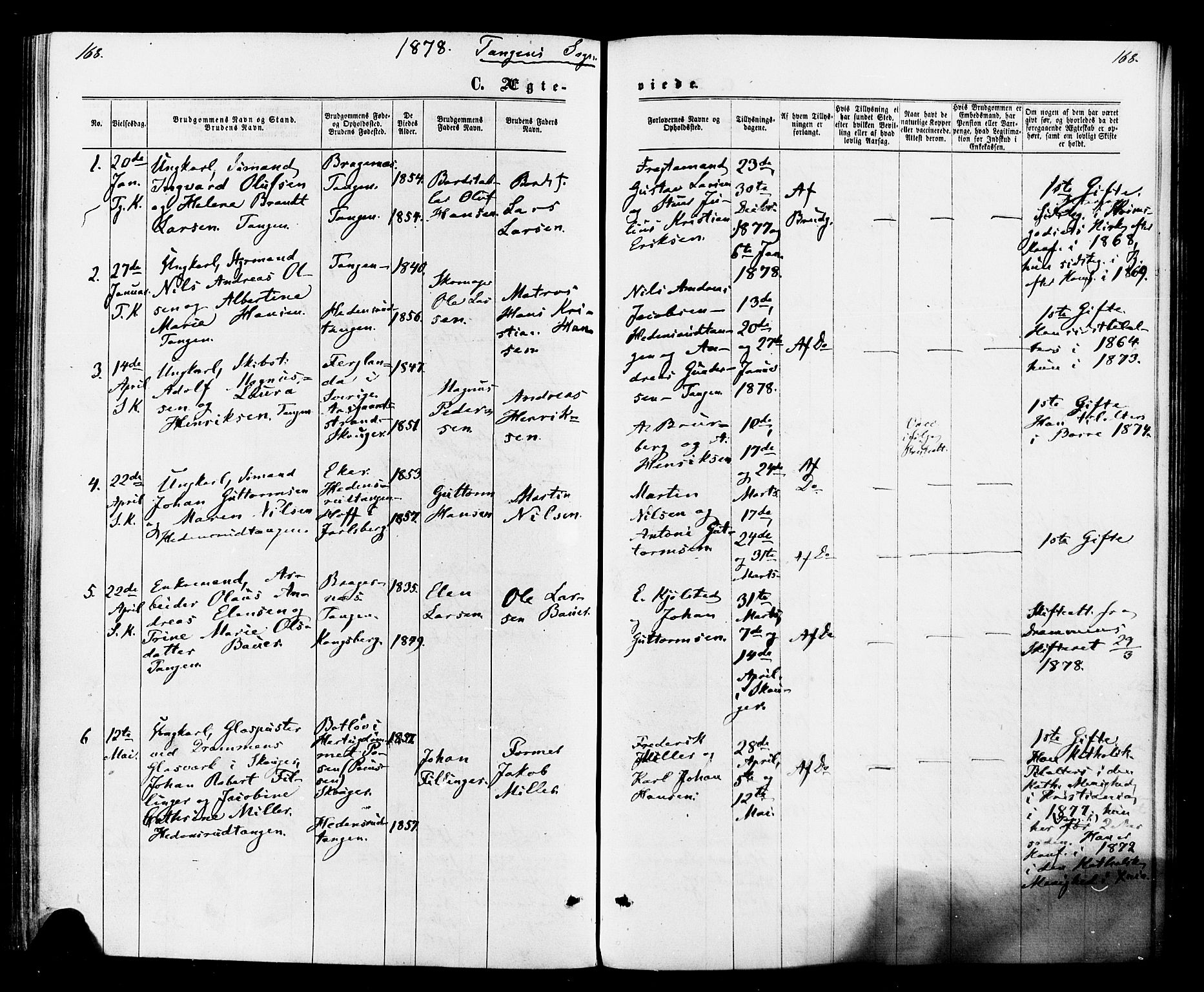 Strømsø kirkebøker, AV/SAKO-A-246/F/Fa/L0020: Parish register (official) no. I 20, 1870-1878, p. 168