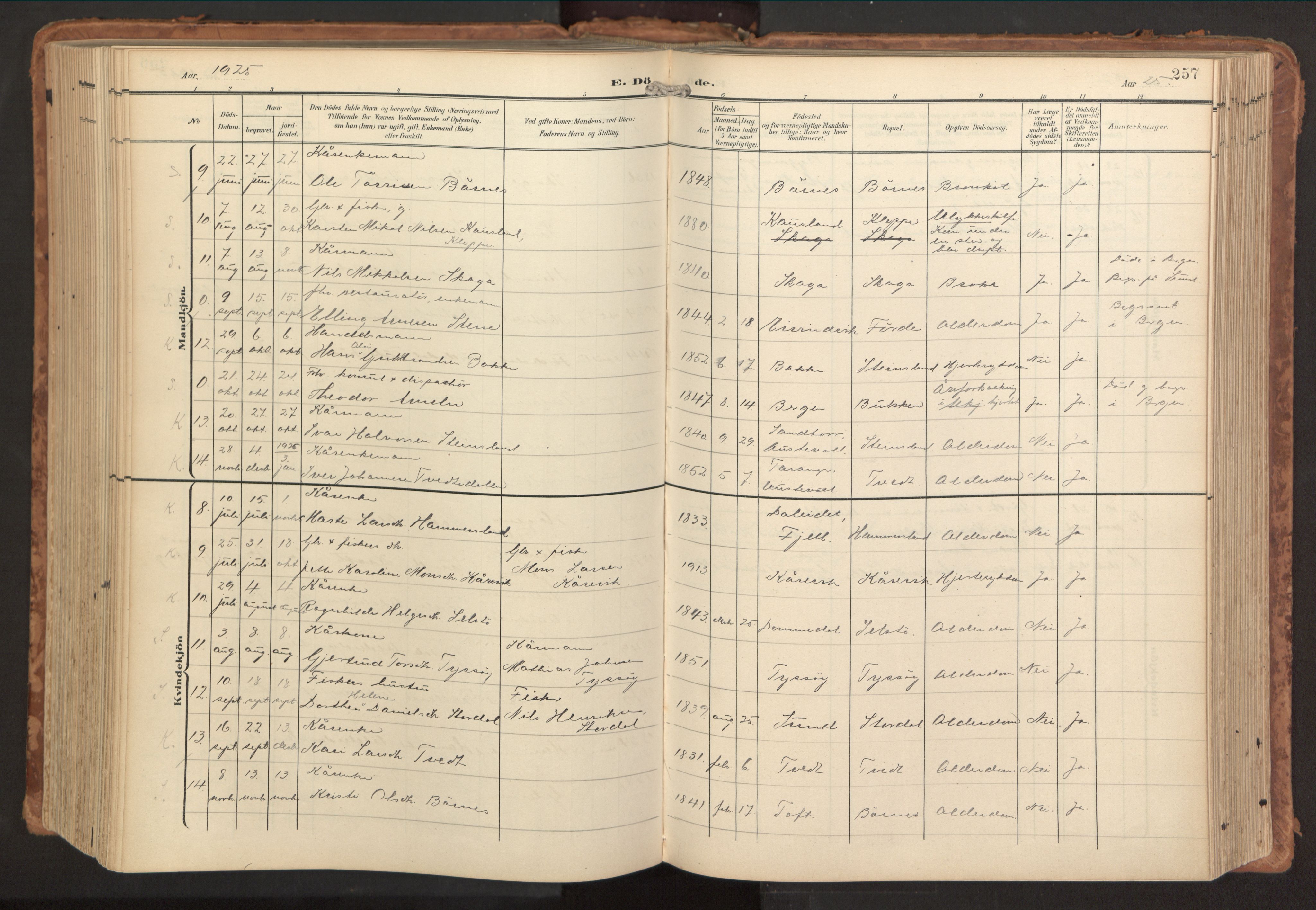 Sund sokneprestembete, AV/SAB-A-99930: Parish register (official) no. B 2, 1907-1926, p. 257