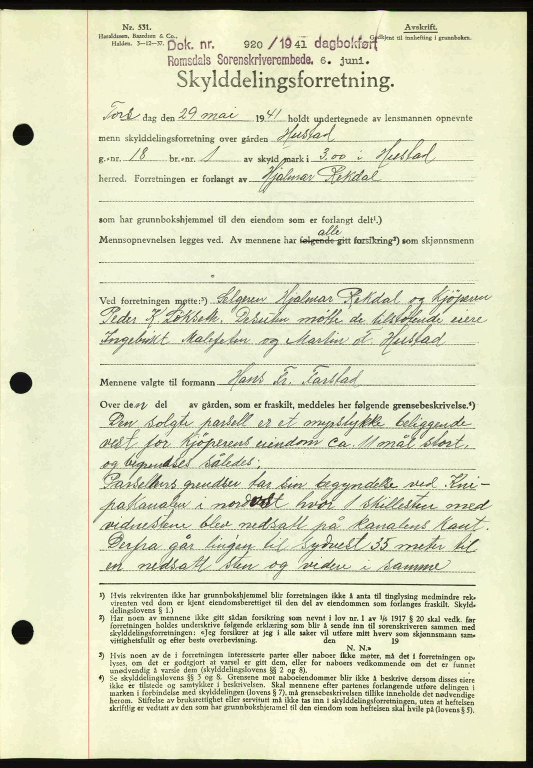 Romsdal sorenskriveri, AV/SAT-A-4149/1/2/2C: Mortgage book no. A10, 1941-1941, Diary no: : 920/1941