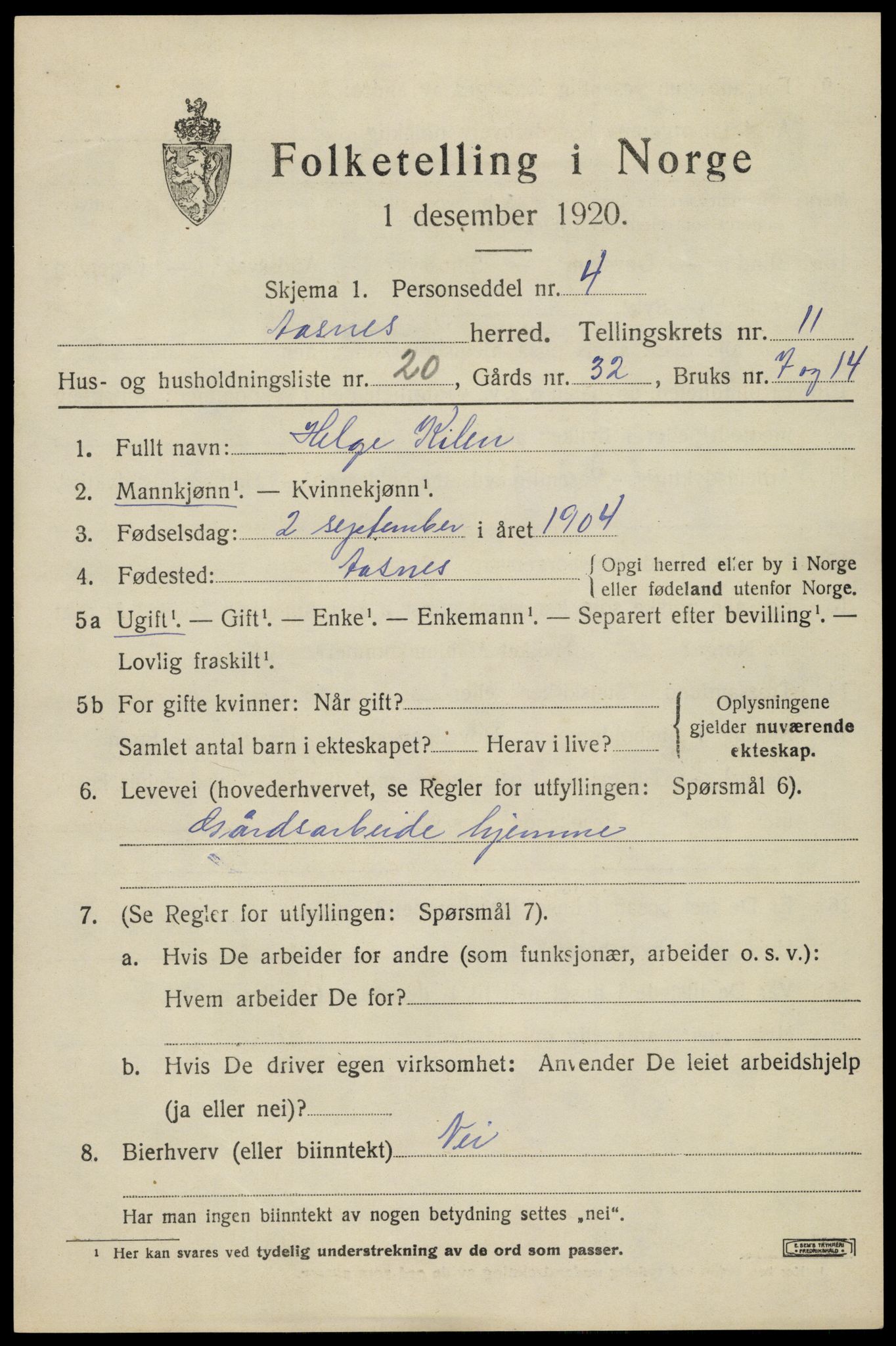 SAH, 1920 census for Åsnes, 1920, p. 11728