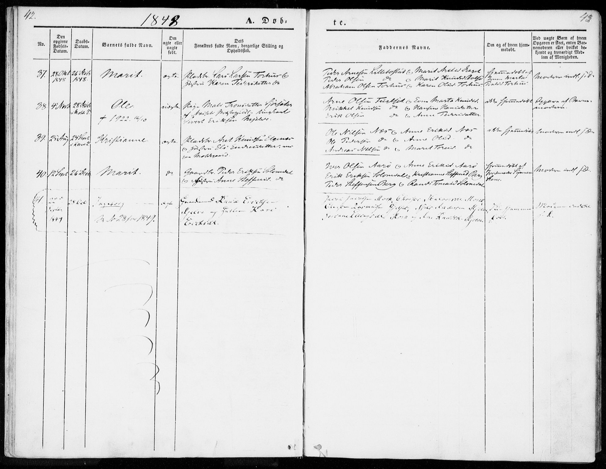 Ministerialprotokoller, klokkerbøker og fødselsregistre - Møre og Romsdal, AV/SAT-A-1454/555/L0653: Parish register (official) no. 555A04, 1843-1869, p. 42-43