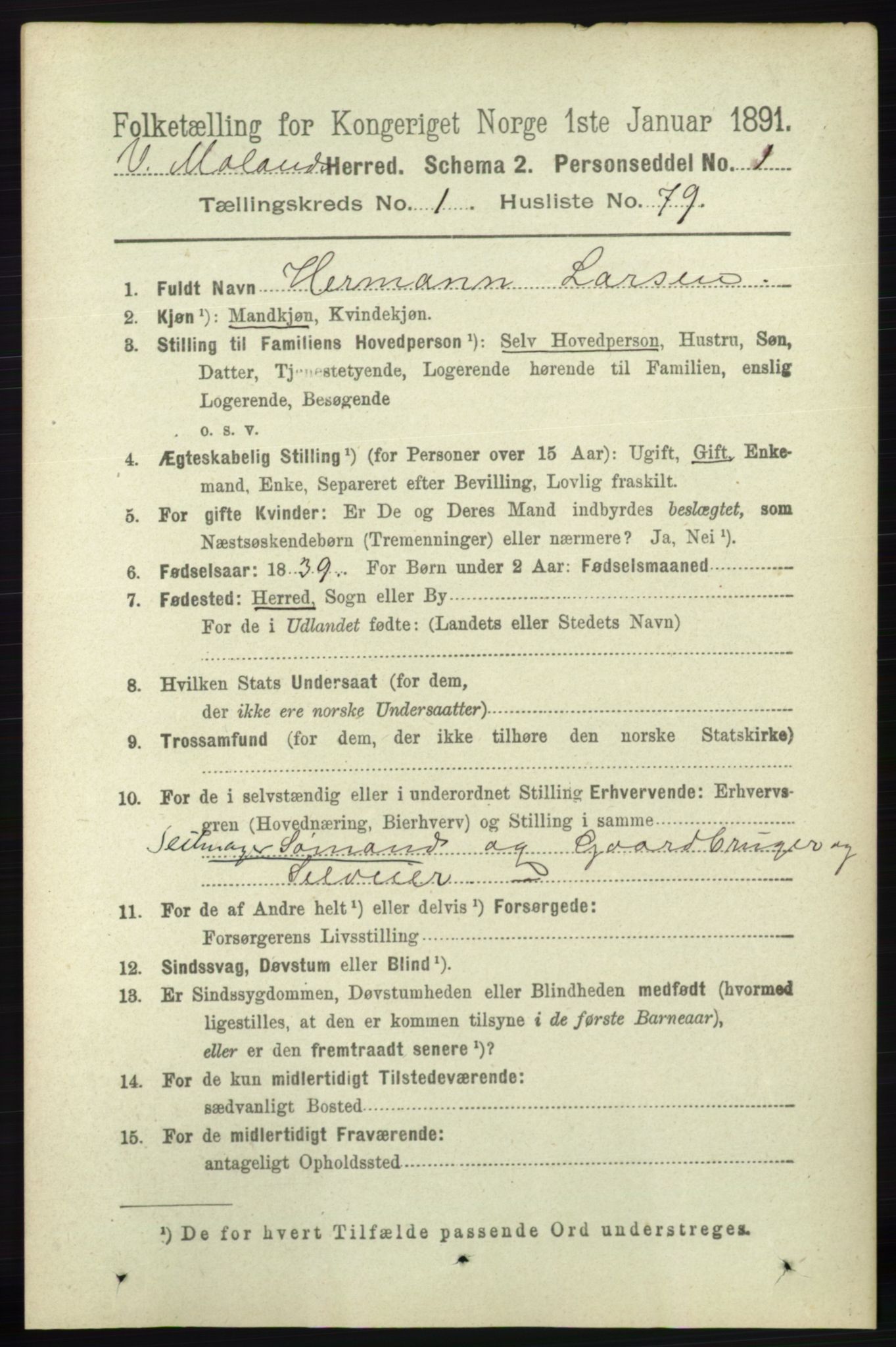 RA, 1891 census for 0926 Vestre Moland, 1891, p. 546