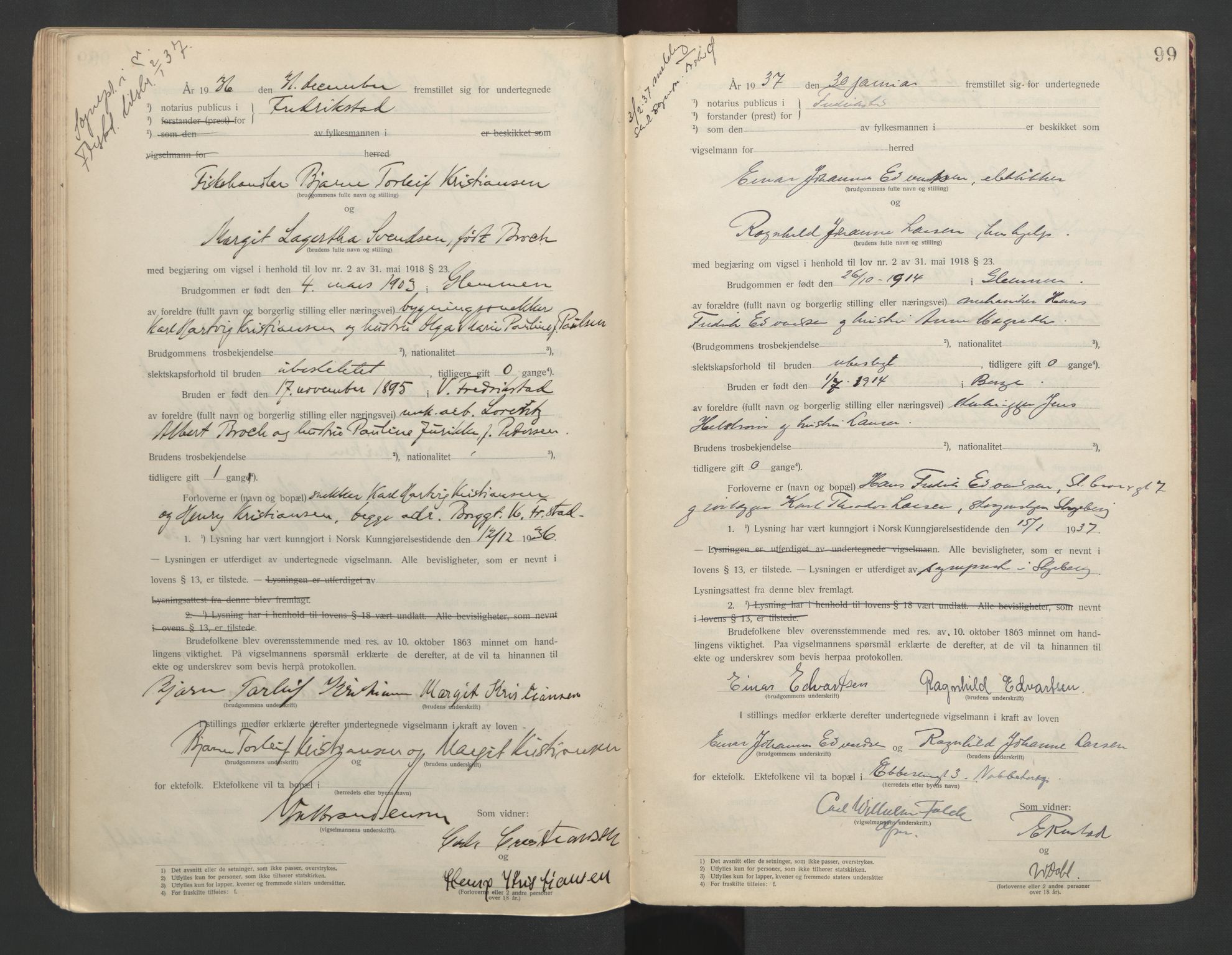 Fredrikstad byfogd, AV/SAO-A-10473a/L/Lc/L0001: Vigselsbok, 1920-1937, p. 99