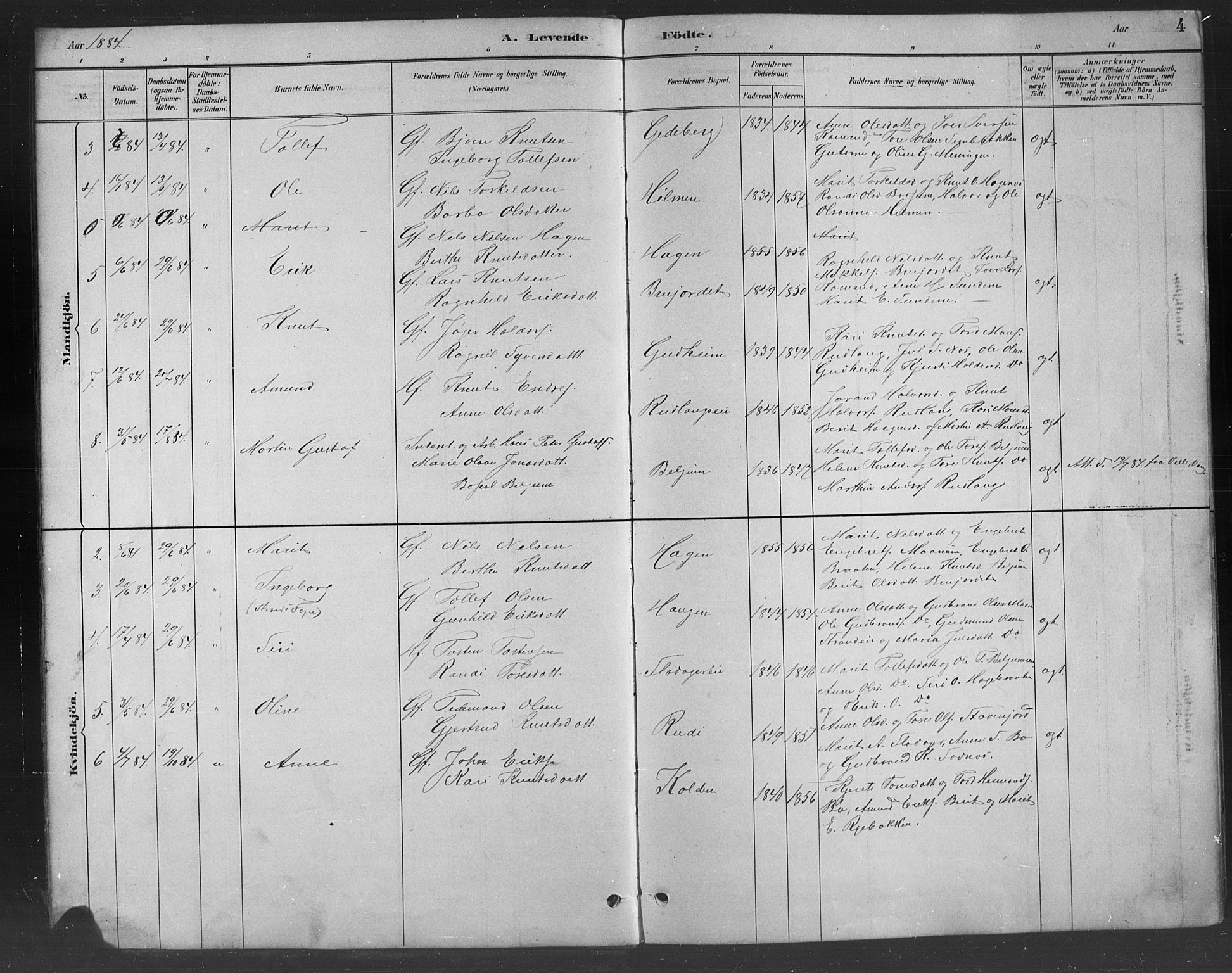 Nord-Aurdal prestekontor, SAH/PREST-132/H/Ha/Hab/L0008: Parish register (copy) no. 8, 1883-1916, p. 4