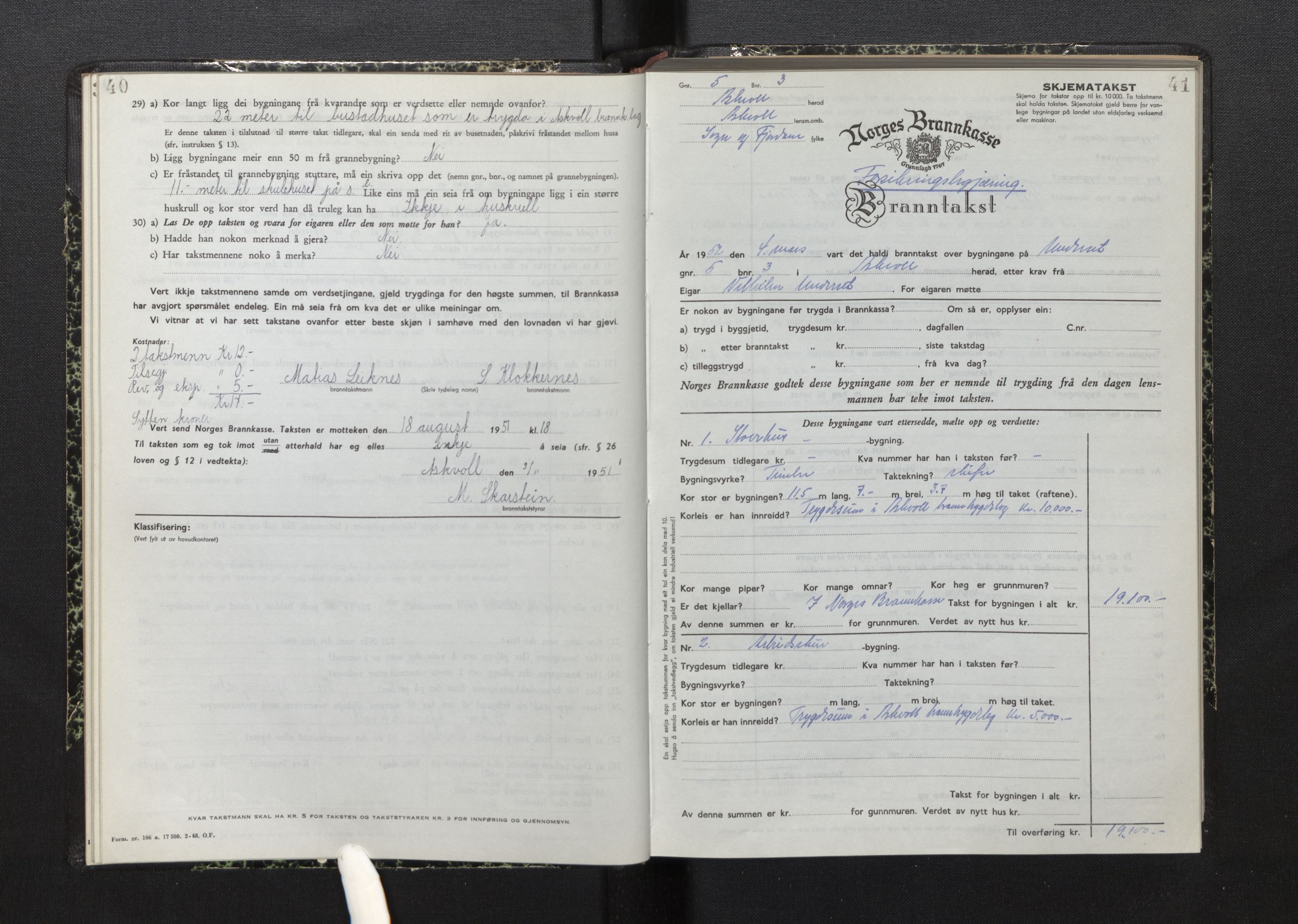 Lensmannen i Askvoll, SAB/A-26301/0012/L0006: Branntakstprotokoll, skjematakst, 1950-1955, p. 40-41