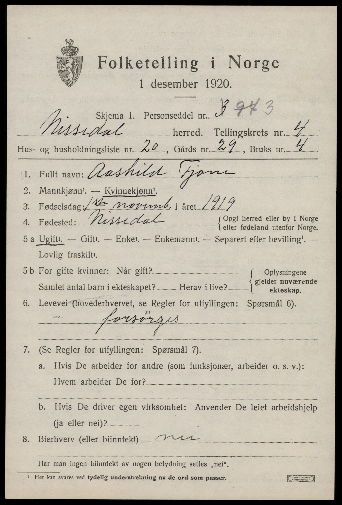 SAKO, 1920 census for Nissedal, 1920, p. 2015