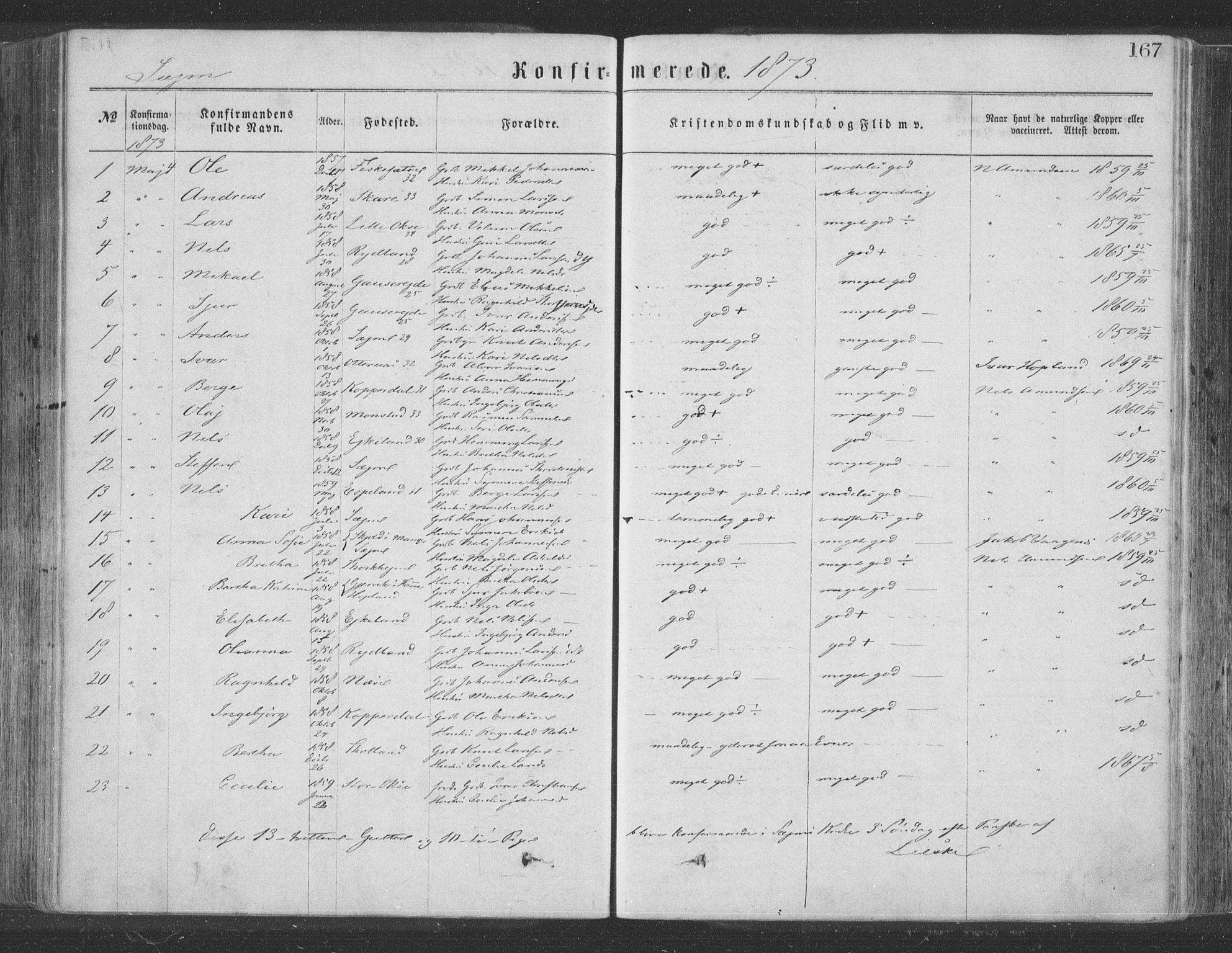 Hosanger sokneprestembete, SAB/A-75801/H/Haa: Parish register (official) no. A 9, 1864-1876, p. 167