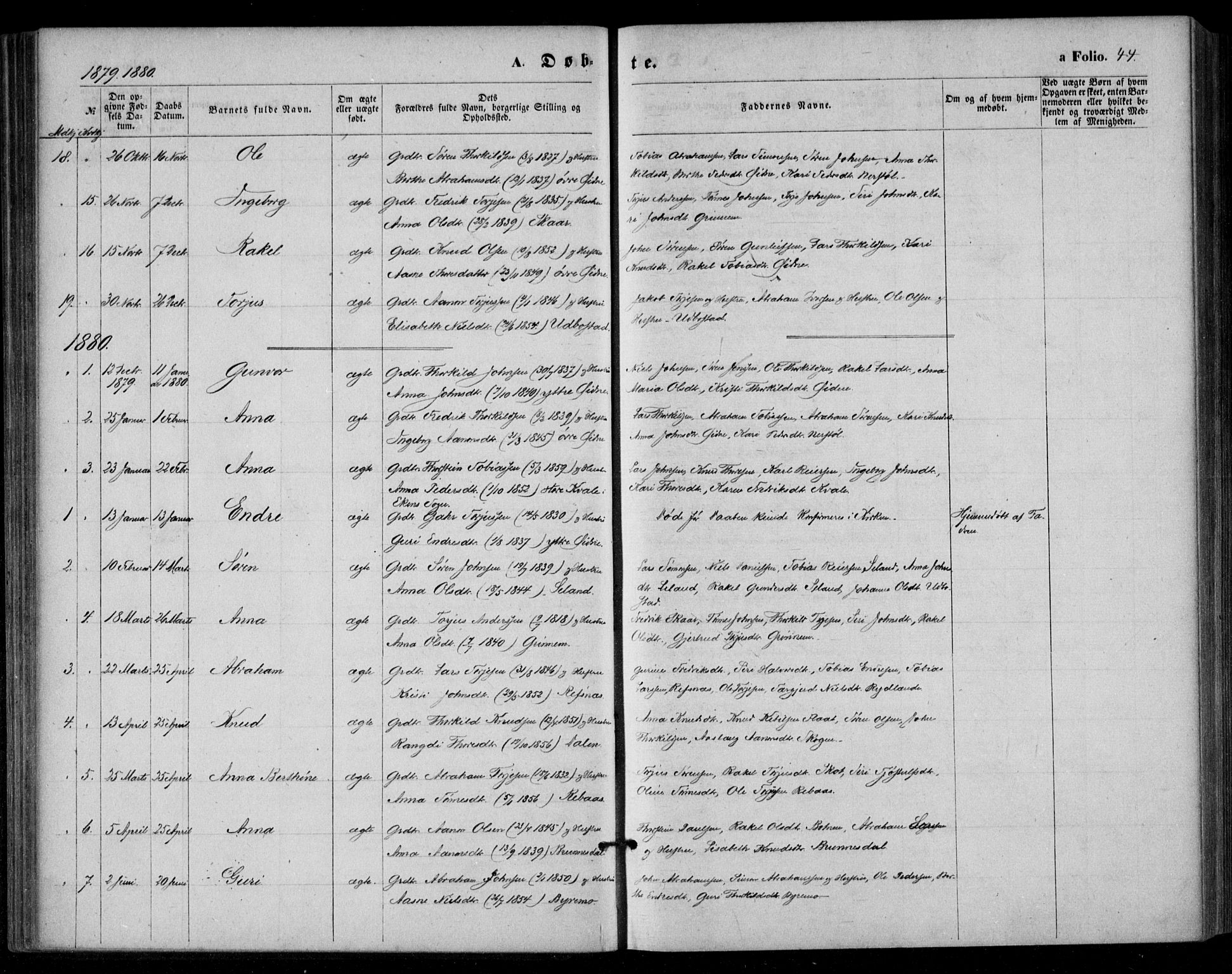 Bjelland sokneprestkontor, SAK/1111-0005/F/Fa/Fac/L0002: Parish register (official) no. A 2, 1866-1887, p. 44