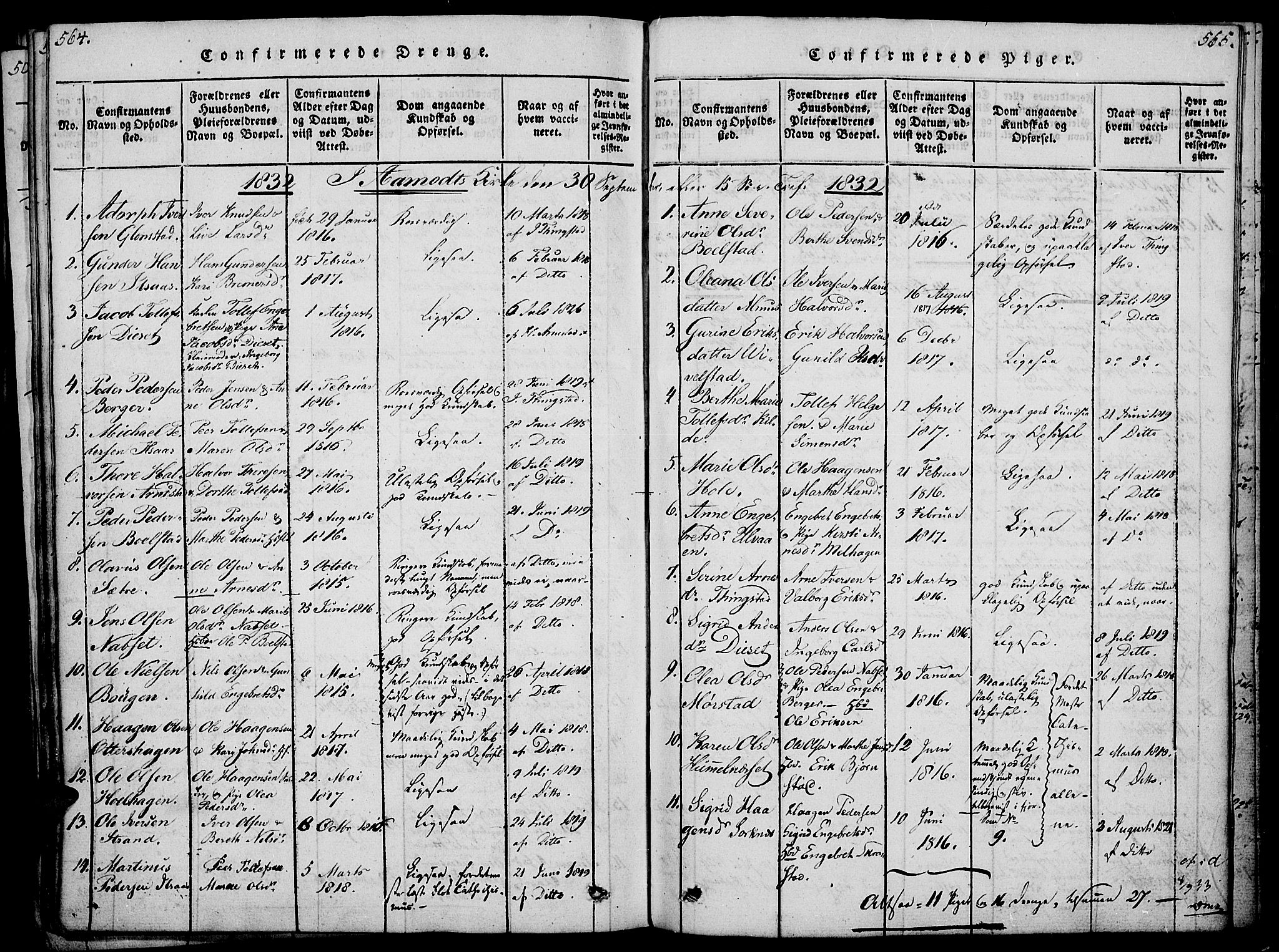 Åmot prestekontor, Hedmark, SAH/PREST-056/H/Ha/Haa/L0005: Parish register (official) no. 5, 1815-1841, p. 564-565