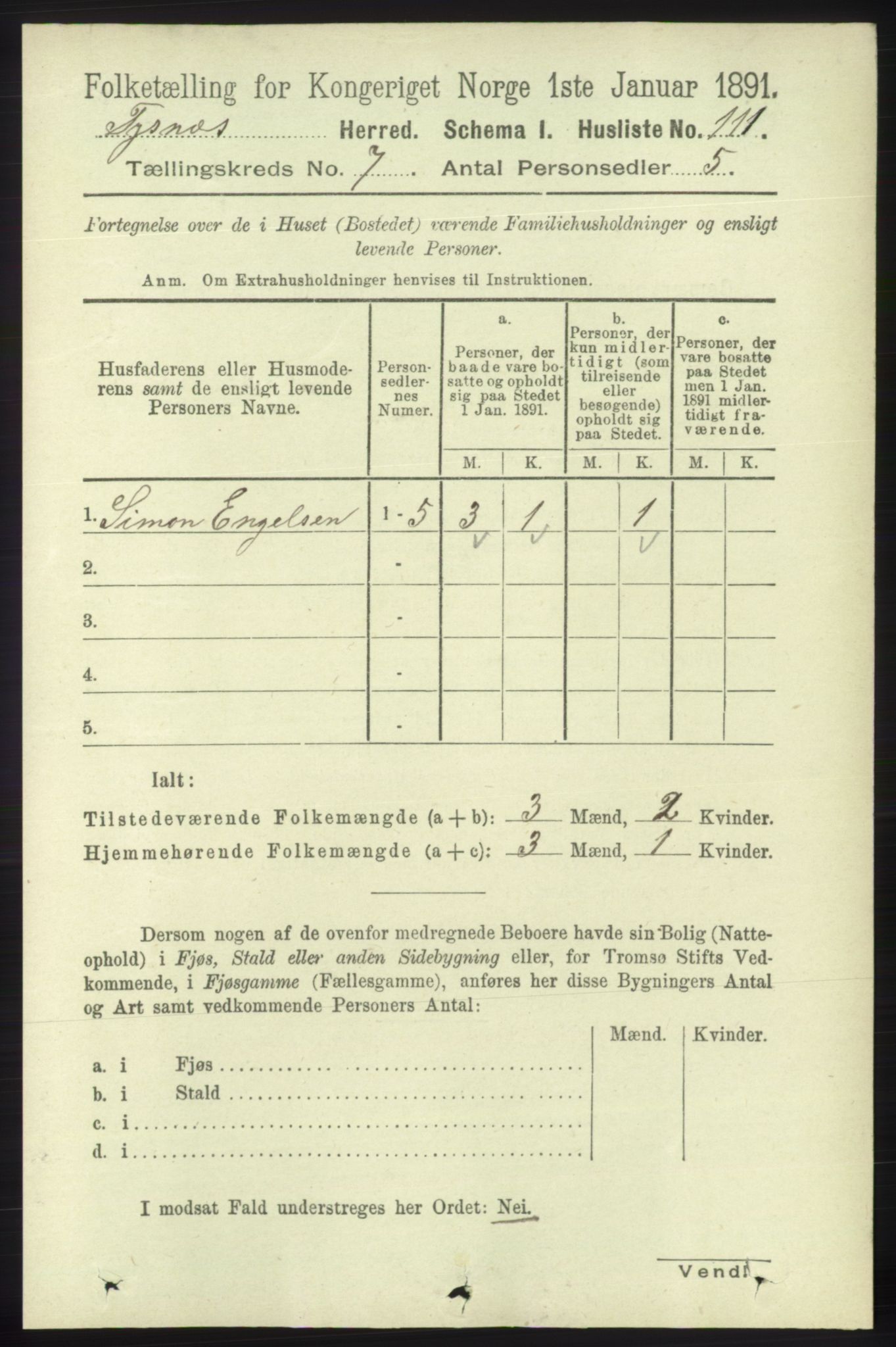 RA, 1891 census for 1223 Tysnes, 1891, p. 2873