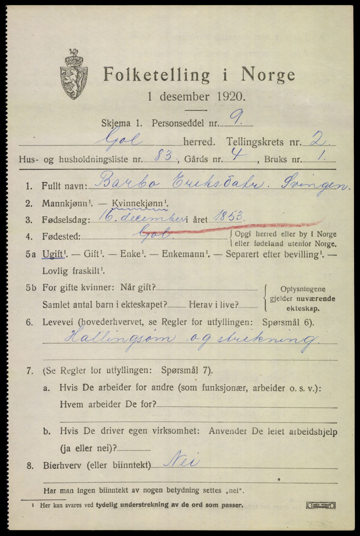 SAKO, 1920 census for Gol, 1920, p. 2180