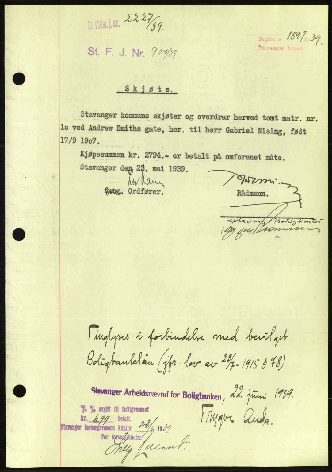 Stavanger byrett, SAST/A-100455/002/G/Gb/L0014: Mortgage book no. A4, 1938-1939, Diary no: : 1897/1939