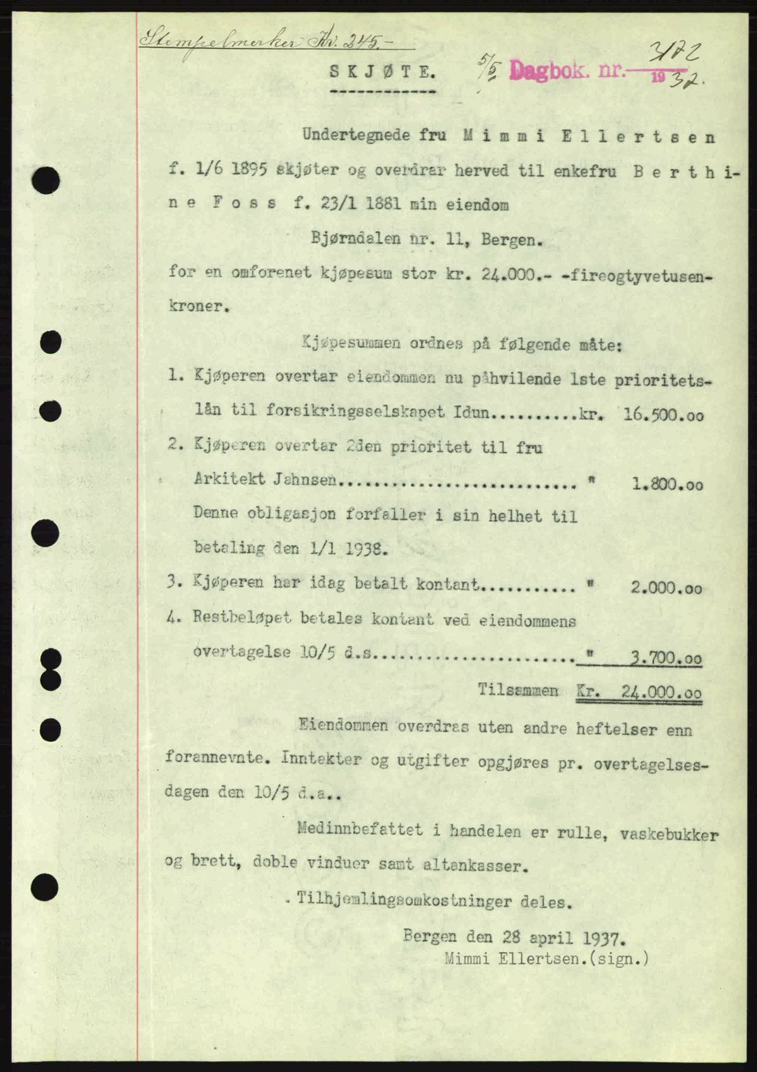 Byfogd og Byskriver i Bergen, SAB/A-3401/03/03Bc/L0004: Mortgage book no. A3-4, 1936-1937, Diary no: : 3172/1937