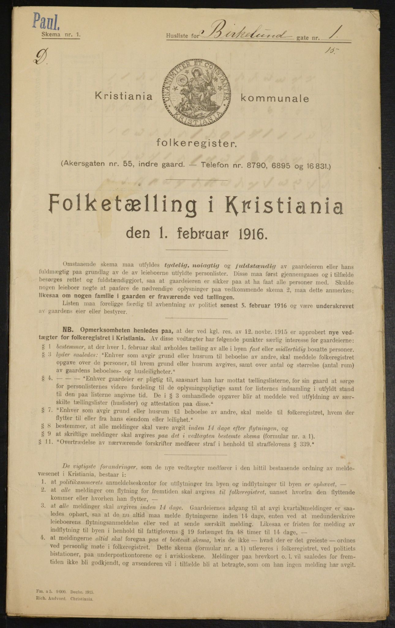 OBA, Municipal Census 1916 for Kristiania, 1916, p. 5094