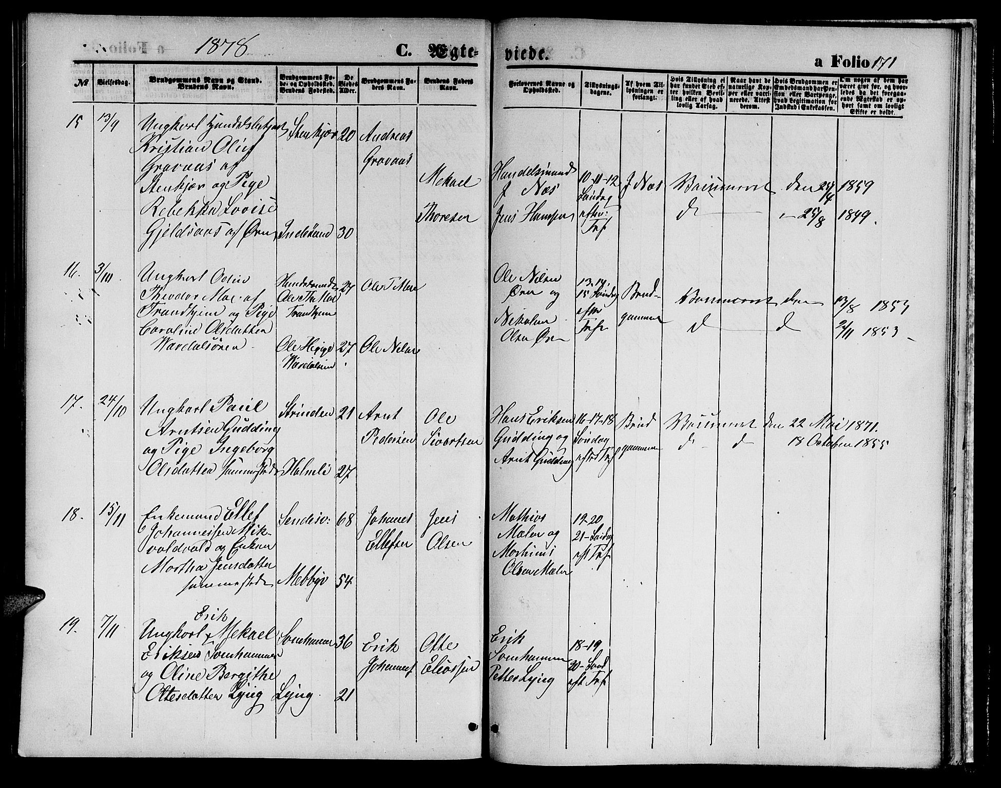 Ministerialprotokoller, klokkerbøker og fødselsregistre - Nord-Trøndelag, AV/SAT-A-1458/723/L0255: Parish register (copy) no. 723C03, 1869-1879, p. 171