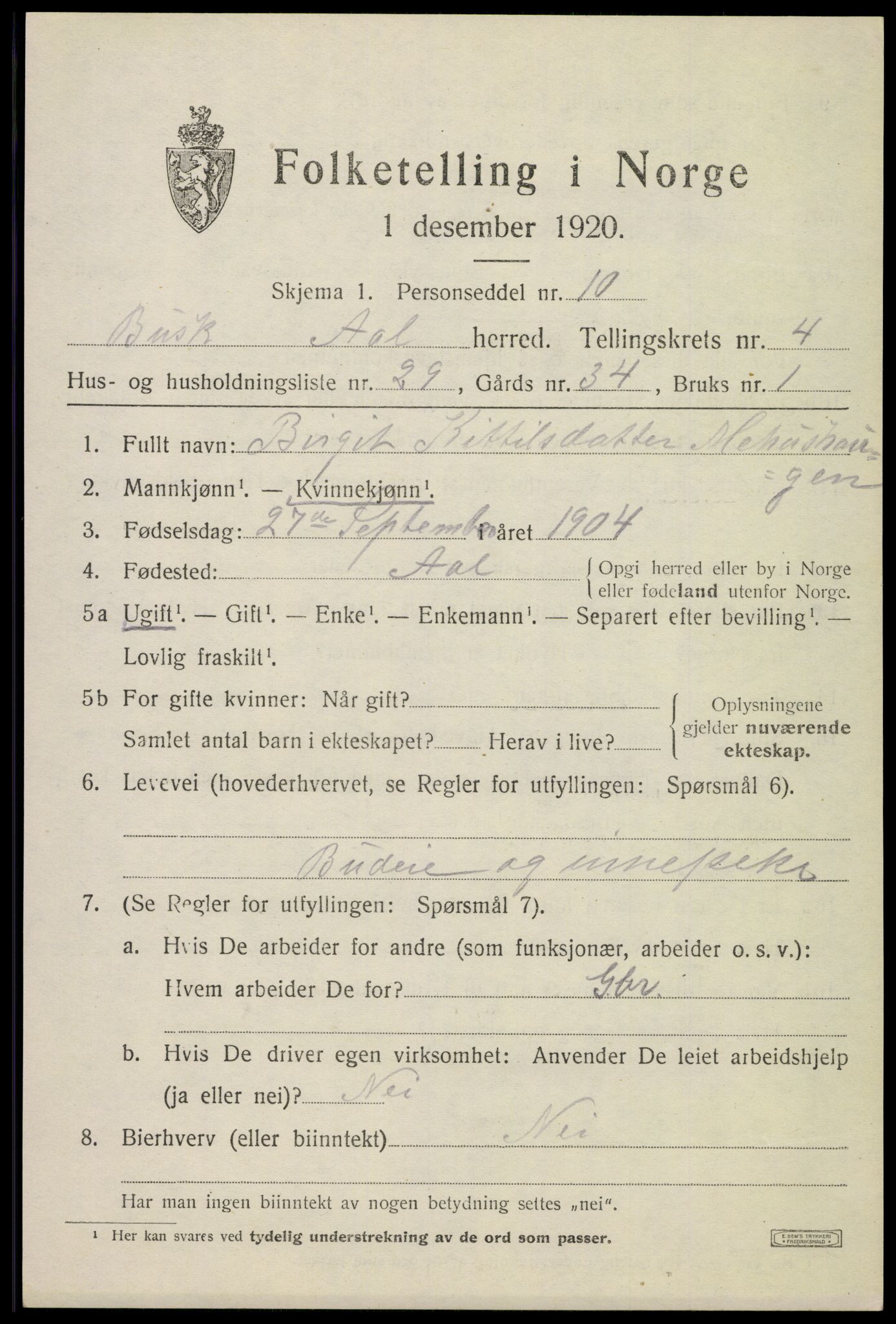 SAKO, 1920 census for Ål, 1920, p. 3316