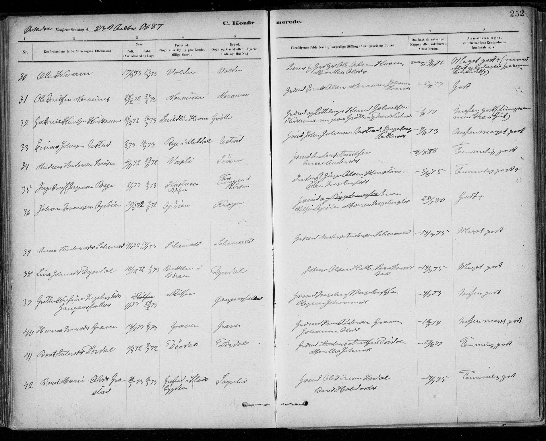 Ministerialprotokoller, klokkerbøker og fødselsregistre - Sør-Trøndelag, AV/SAT-A-1456/668/L0809: Parish register (official) no. 668A09, 1881-1895, p. 252