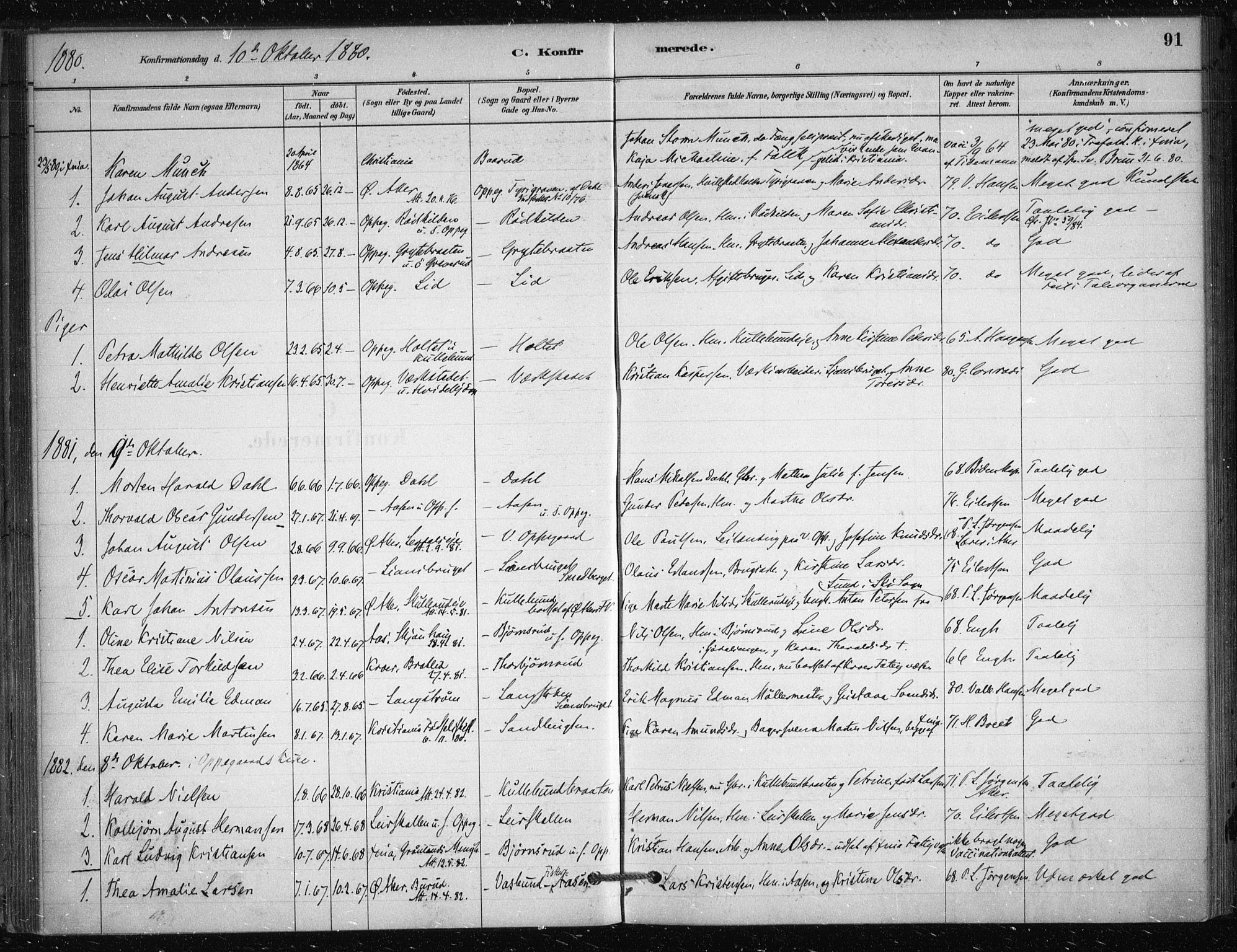 Nesodden prestekontor Kirkebøker, SAO/A-10013/F/Fb/L0001: Parish register (official) no. II 1, 1880-1915, p. 91