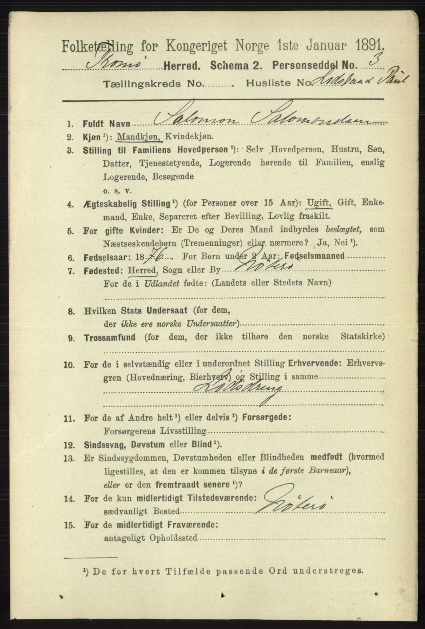 RA, 1891 census for 0921 Tromøy, 1891, p. 3035