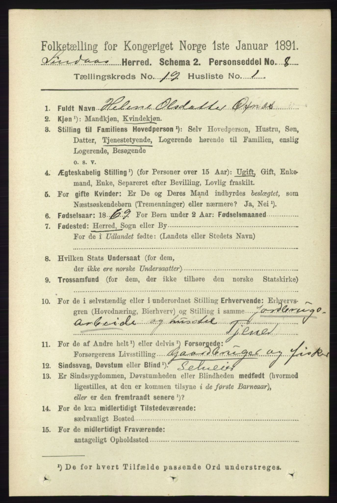 RA, 1891 census for 1263 Lindås, 1891, p. 6938