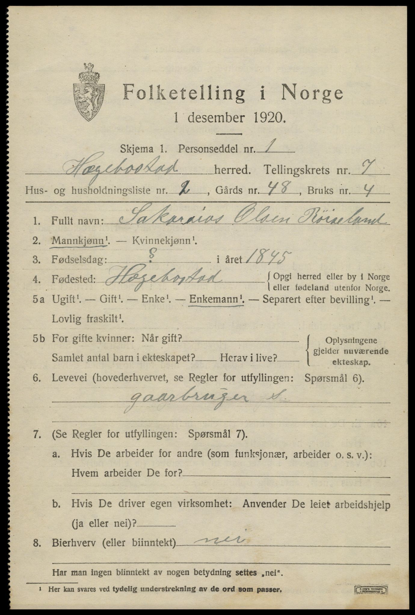 SAK, 1920 census for Hægebostad, 1920, p. 2121