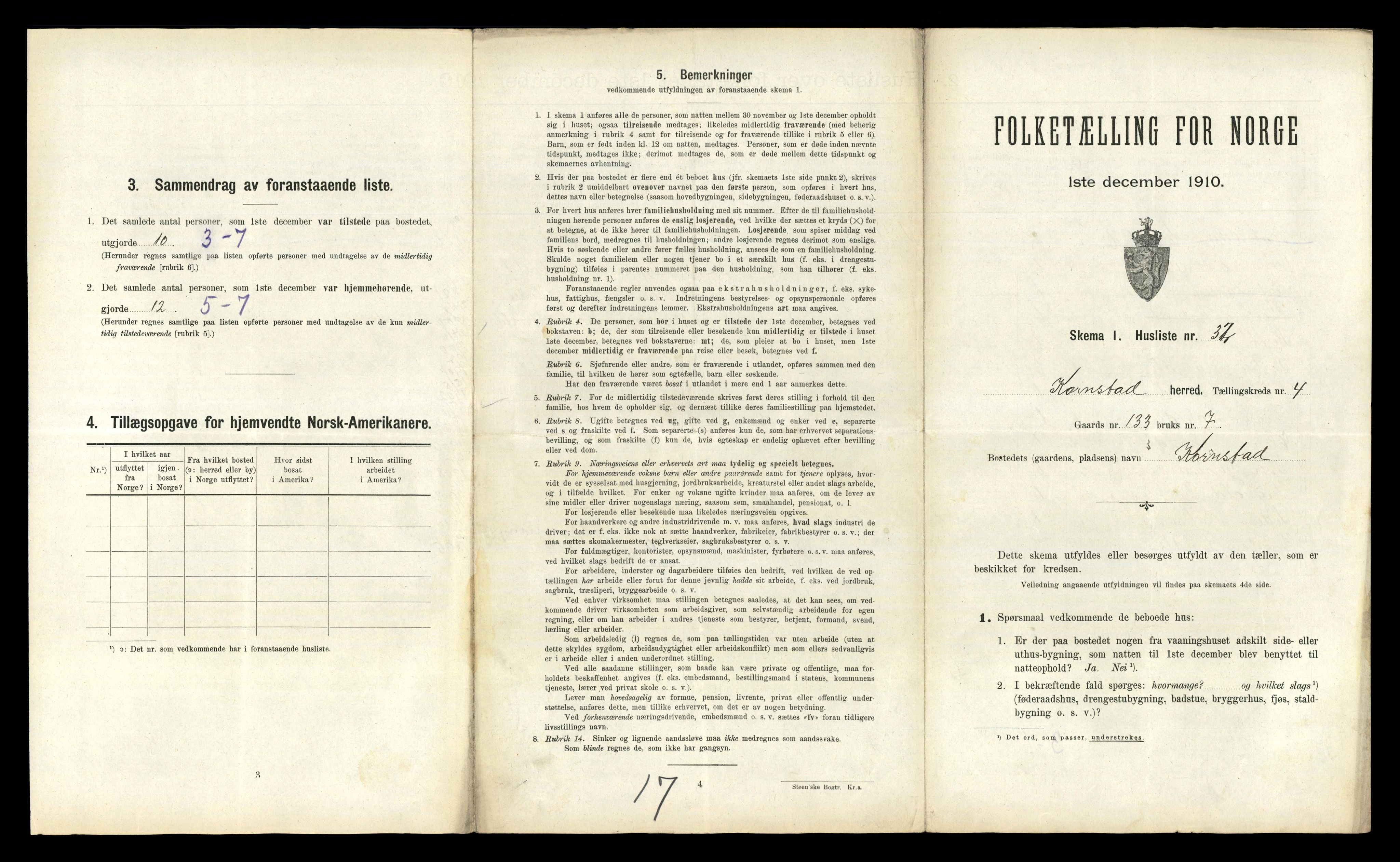 RA, 1910 census for Kornstad, 1910, p. 465