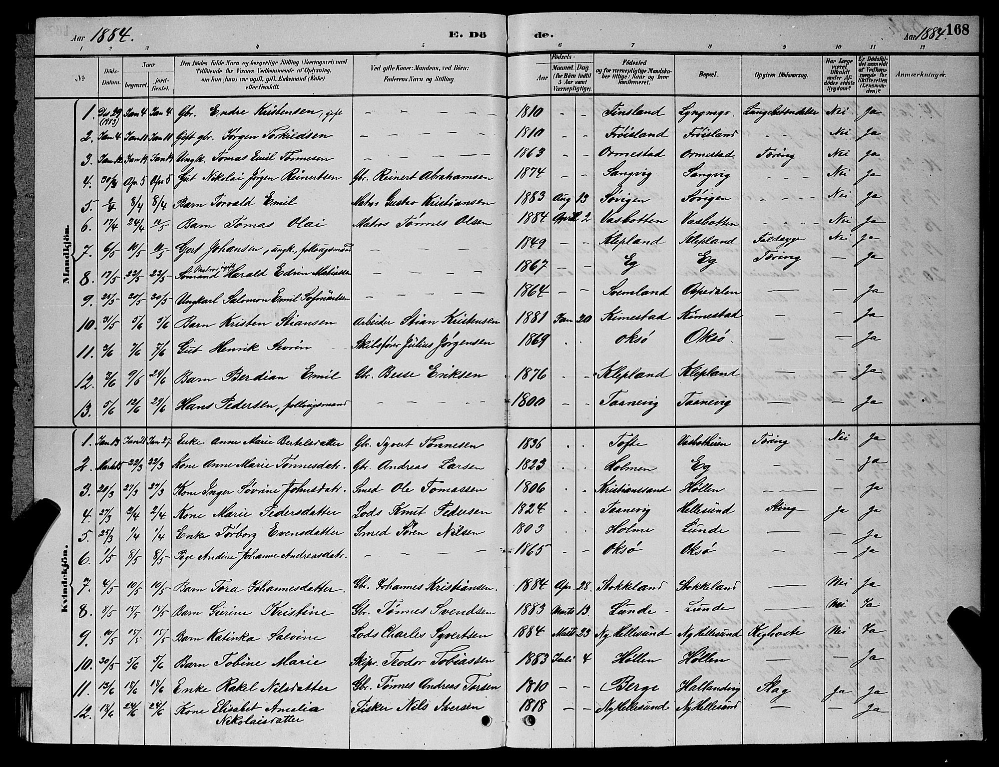 Søgne sokneprestkontor, SAK/1111-0037/F/Fb/Fbb/L0005: Parish register (copy) no. B 5, 1884-1891, p. 168
