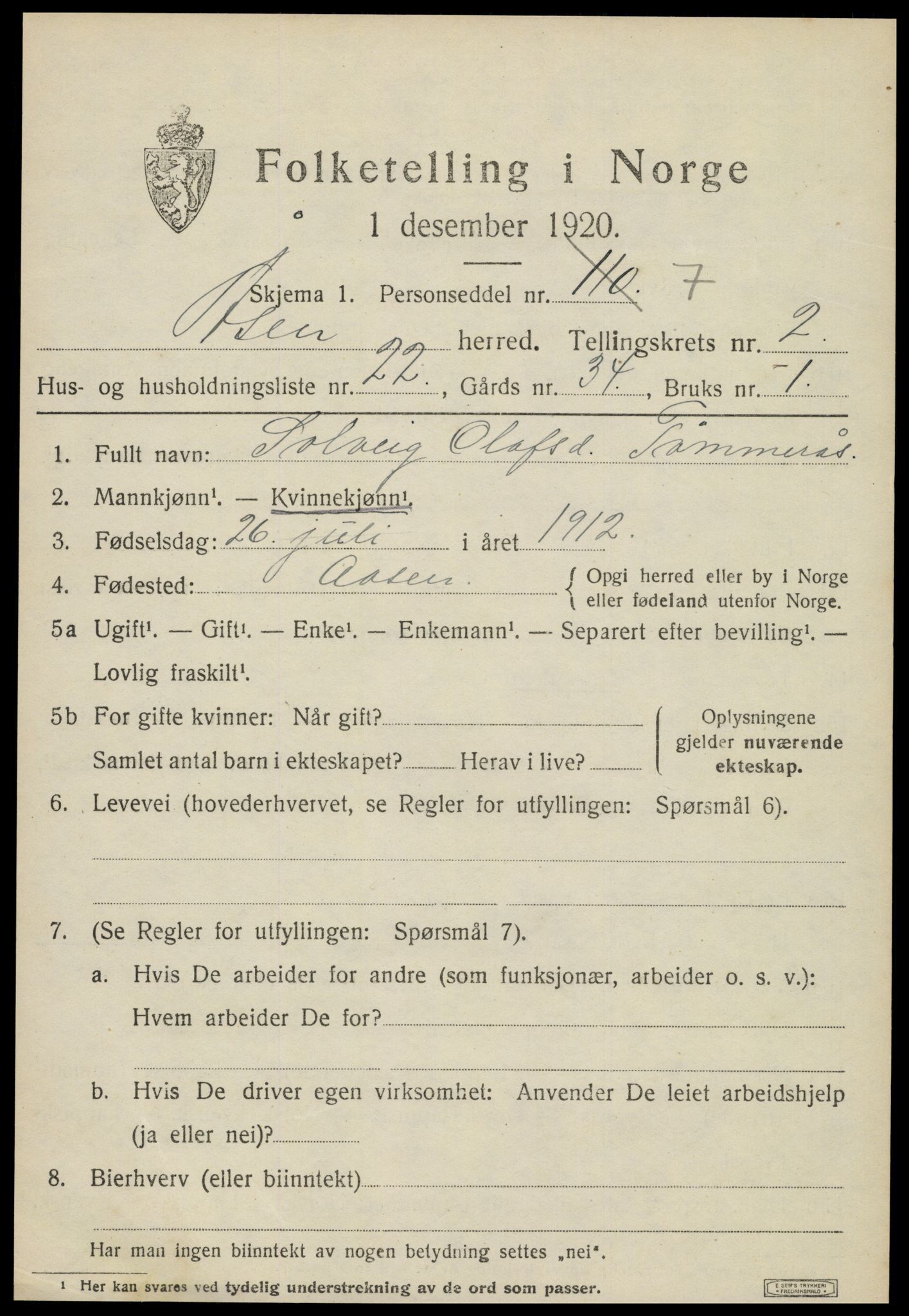 SAT, 1920 census for Åsen, 1920, p. 1926