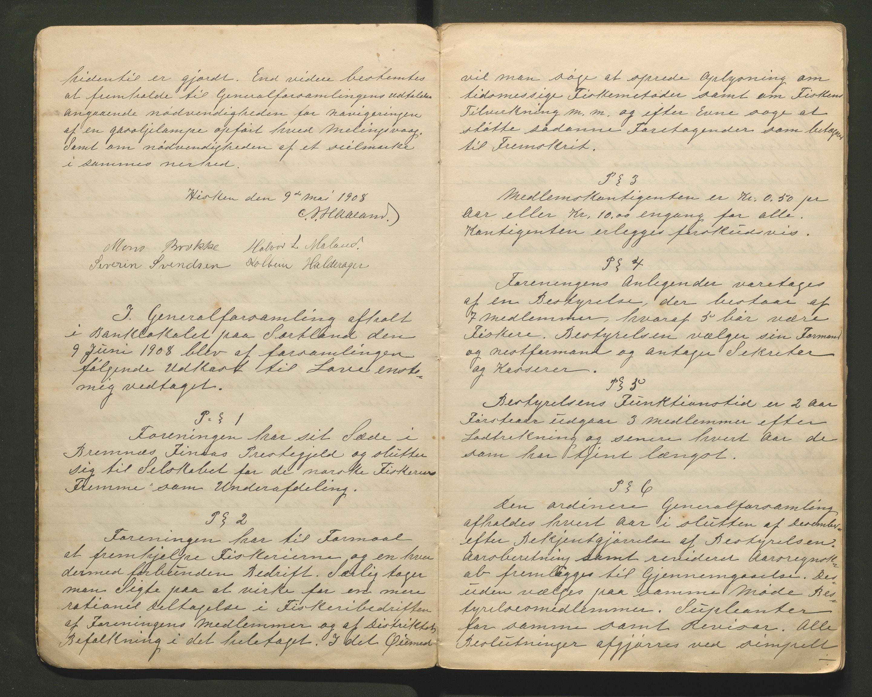 Bremnes fiskarlag, IKAH/1219-Pa0021/A/Aa/L0001: Møtebok for Bremnes fiskarlag, 1908-1943