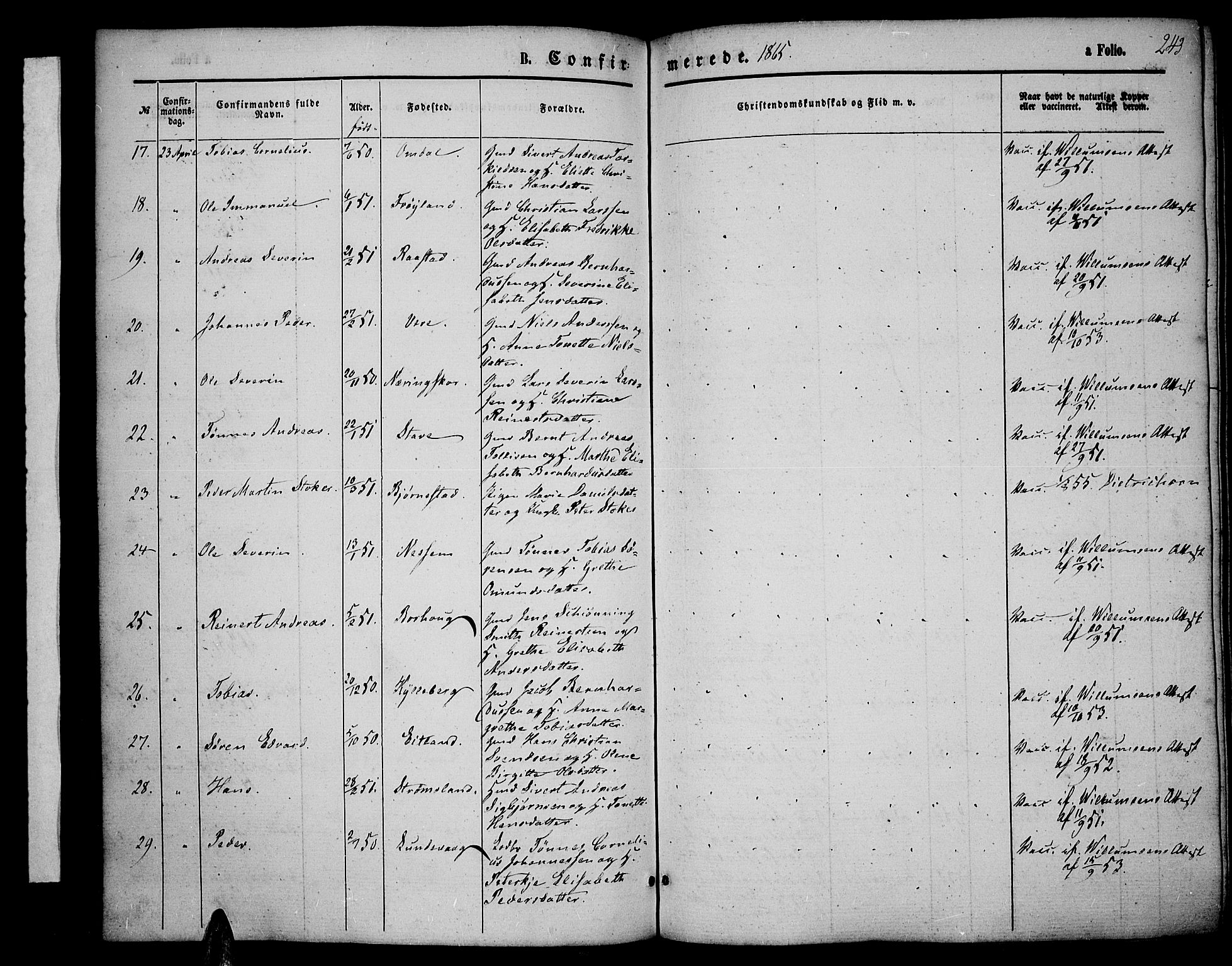 Lista sokneprestkontor, AV/SAK-1111-0027/F/Fb/L0003: Parish register (copy) no. B 3, 1862-1877, p. 243