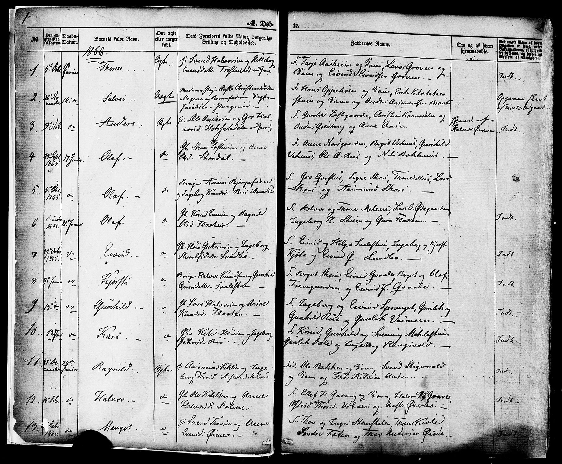 Seljord kirkebøker, SAKO/A-20/F/Fa/L0013: Parish register (official) no. I 13, 1866-1876, p. 1-2