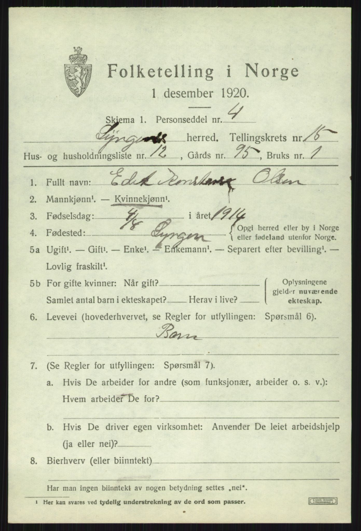 SATØ, 1920 census for Lyngen, 1920, p. 12995