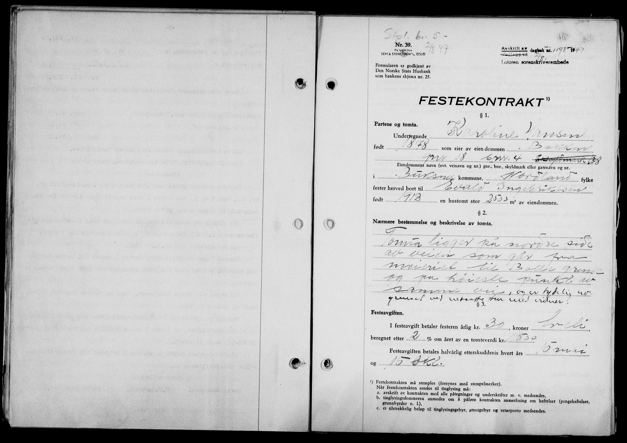 Lofoten sorenskriveri, SAT/A-0017/1/2/2C/L0016a: Mortgage book no. 16a, 1947-1947, Diary no: : 1198/1947