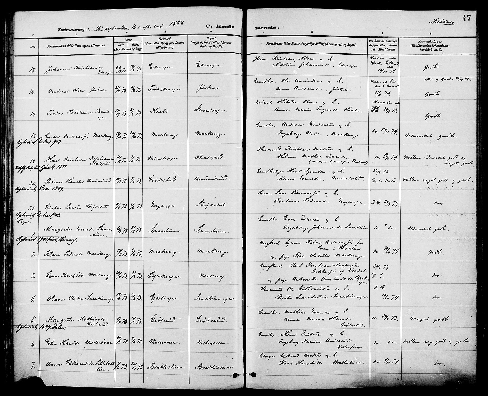 Biri prestekontor, AV/SAH-PREST-096/H/Ha/Haa/L0007: Parish register (official) no. 7, 1887-1893, p. 47