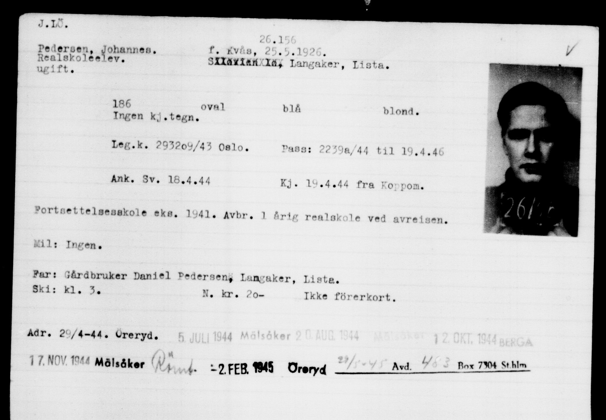 Utenriksstasjonene, Legasjonen i Stockholm, Flyktningkontoret, AV/RA-S-6753/V/Va/L0011: Kjesäterkartoteket, flyktninger med registreringsnr. 25300-28349, 1940-1945, p. 902